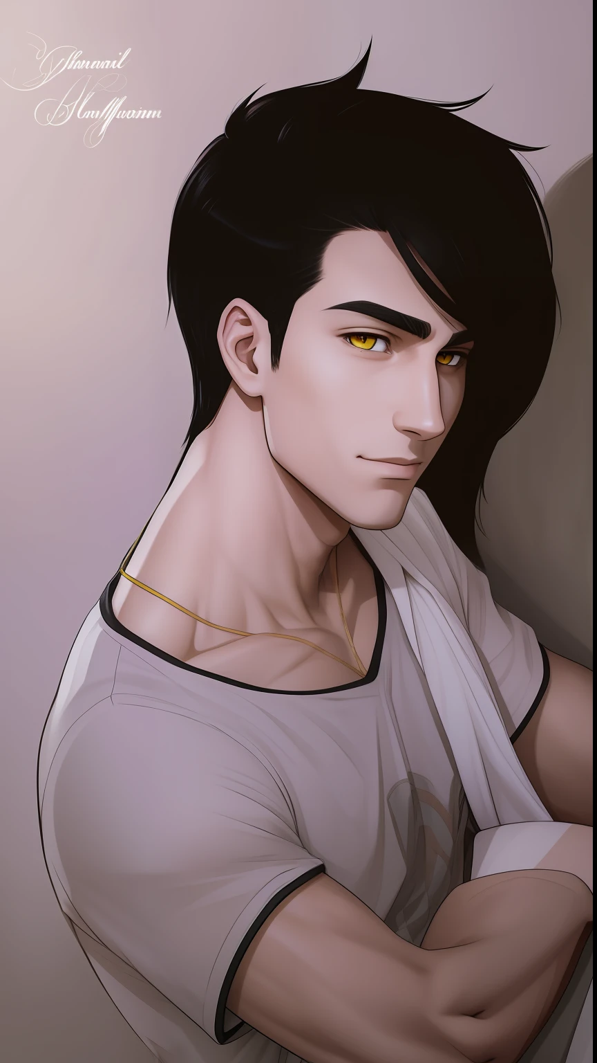 Young guy. black hair. yellow eyes. suntanned. slight smile
