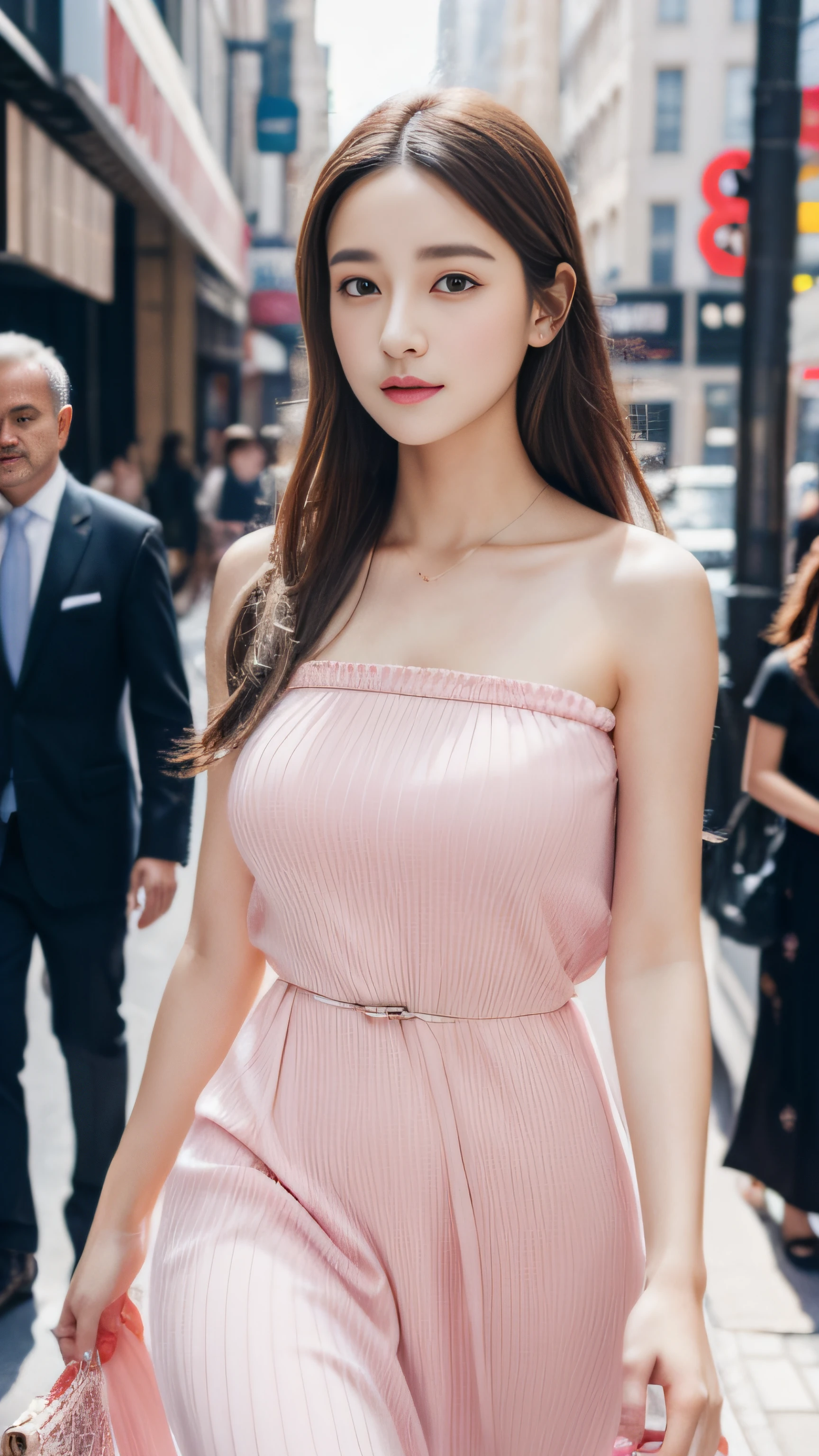 Walking on city streets, a man and a woman, bandeau dress, wearing long gorgeous clothes, wearing pink flower long dress, cute couple, shopping, in the city, highly detailed beautiful girl, highly detailed face, highly detailed eyes, highly detailed skin, highly detailed fingers, highly detailed nose, very detailed detailed mouth