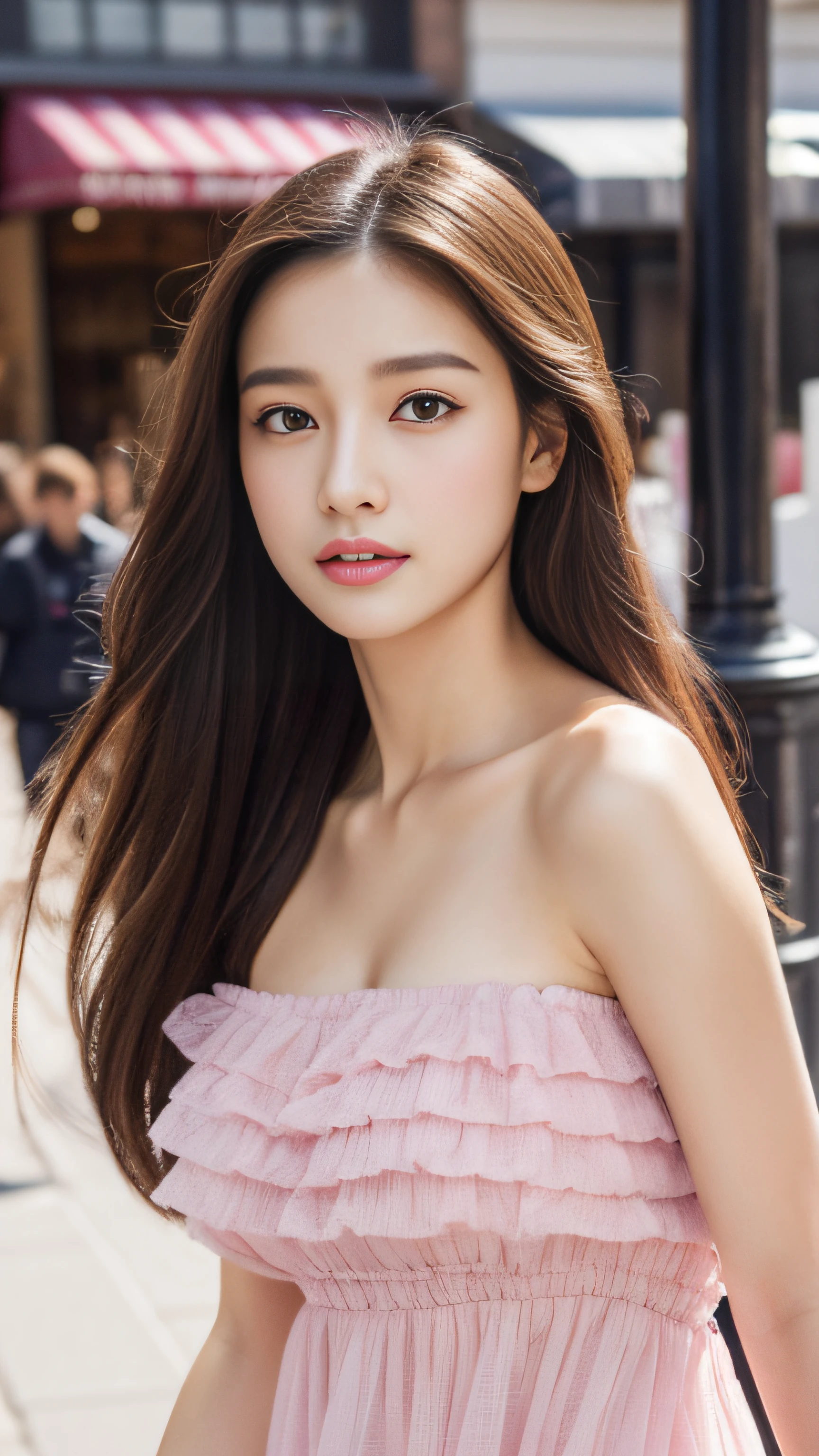 Walking on city streets, a man and a woman, bandeau dress, wearing long gorgeous clothes, wearing pink flower long dress, cute couple, shopping, in the city, highly detailed beautiful girl, highly detailed face, highly detailed eyes, highly detailed skin, highly detailed fingers, highly detailed nose, very detailed detailed mouth