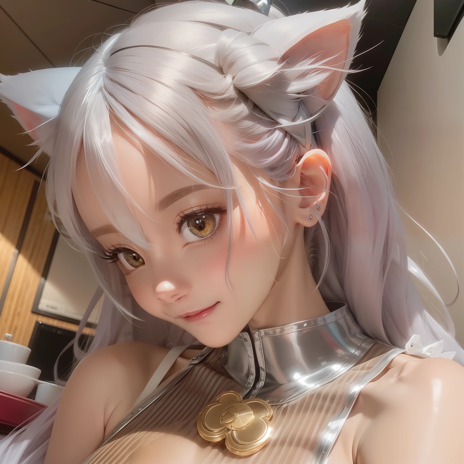 Ear blush, Fang, Shy, Cat ears, Glaring, Silver hair, hair adornments, hair tying, Anime style, anime big breast, Minimalism, 8K, Super detail, ccurate, Best quality
