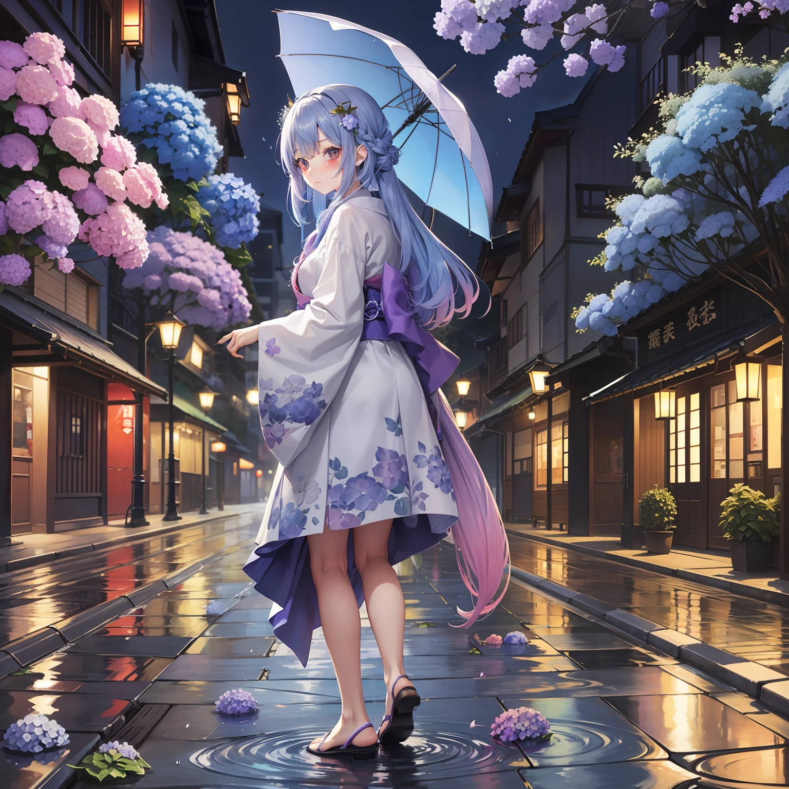「watercolor paiting(Beautifully Aesthetic:1.2)、(1girl in:1.3)、(Hydrangea hair、colourful hair、Half blue and half light purple 1.2)、Eau、liquids、natta、colourfull、a dark night、Hydrangea blooming profusely、Landscape painting、It's raining fantastic、fullmoon、Walking alone、Sateen、Walking with an umbrella、Japanese dress」