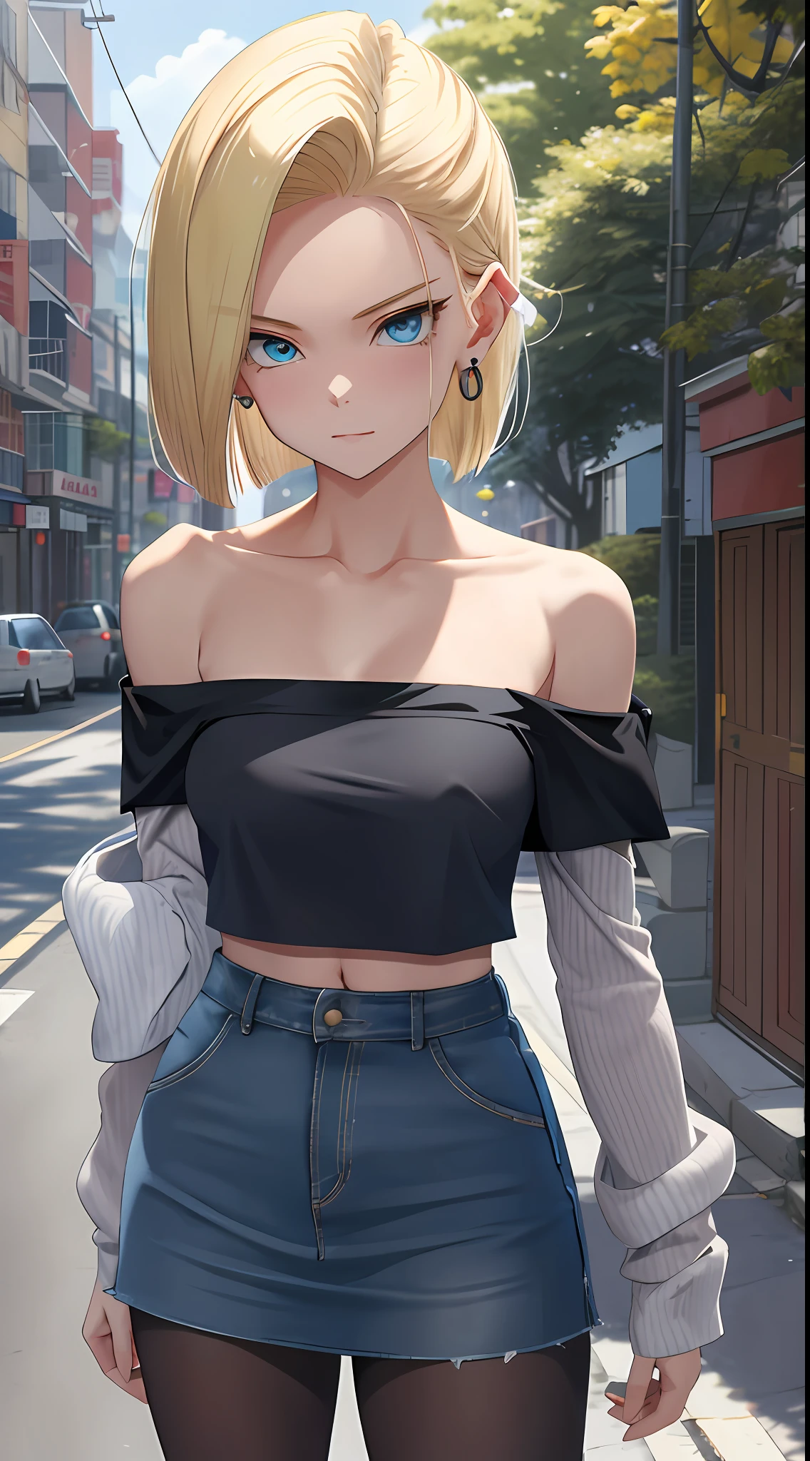 best qualtiy, A high resolution, and 18, 1girll, Android 18,(Off-the-shoulder attire:1.5), 独奏, blond hairbl, eBlue eyes, short detailed hair, 耳Nipple Ring, jewely, denim vest, Open vest, black pantyhoses, Black shirt, Denim skirt, Striped long sleeves, blue skirts, mediuml breasts, cowboy lens, the street, (Expand the chest externally:1.2), (No shoulder strap:1.2), cropped shoulders, stooped, ln the forest,比基尼