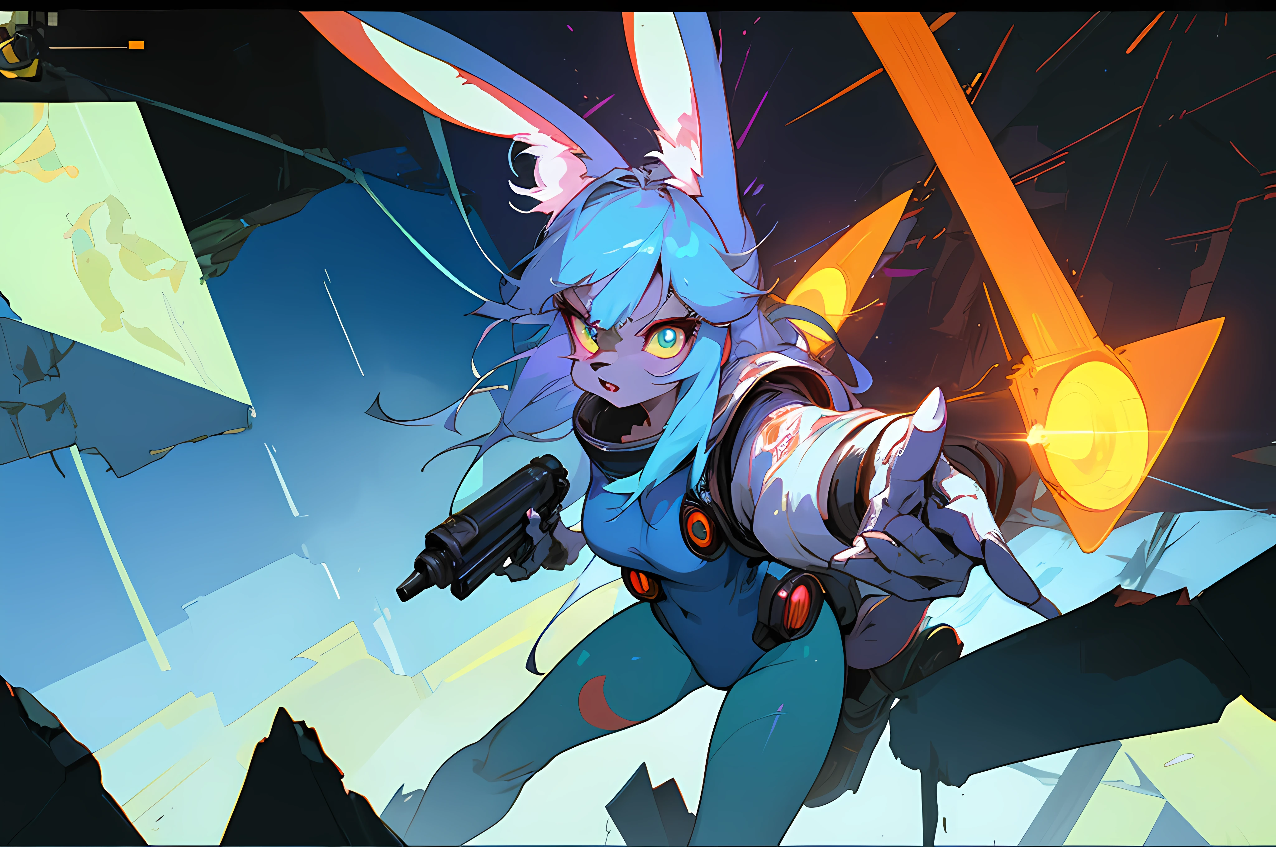 (vintage vhs), (crt screenshot), (Zen, Amy Sol style), (((angry cathedral shootout spacewalk))), (((blue anthro kemono furry rabbit exploring old ruins))), (((underground cavern shining flashlight in old ruins))), anime rabbit character with futuristic hair and glowing eyes exploring old ruins, anime art, anime aesthetic, (((old ruins in background cel art))), kemono anime space cadet rabbit girl, wearing cybernetic bunny ears, angry powerful female fighter --v6