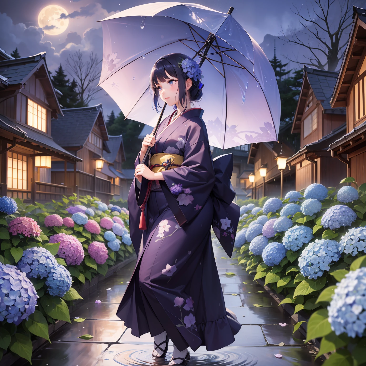 "In a beautiful watercolor painting, a young girl emerges as the centerpiece, dressed in traditional Japanese attire. Her hair mirrors the beauty of a hydrangea bloom, half being a vibrant blue, and the other half a soft light purple.

She walks alone on a dark yet colorful night, the scene aglow with the brilliance of blooming hydrangeas. The landscape painting unfolds in a dreamlike tableau as a whimsical rain begins to fall, each drop blurring the line between water and liquid color.

The scene is dramatically lit under the full moon, further enhancing the dichotomy of the vibrant colors against the dark. The girl moves forward, umbrella in hand, shielding her from the fantastical rain, adding a dynamic element to the painting.

Her solitary journey through the rainy, hydrangea-filled town creates a harmonious blend of traditional Japanese aesthetics with a touch of surreal beauty and imagination."