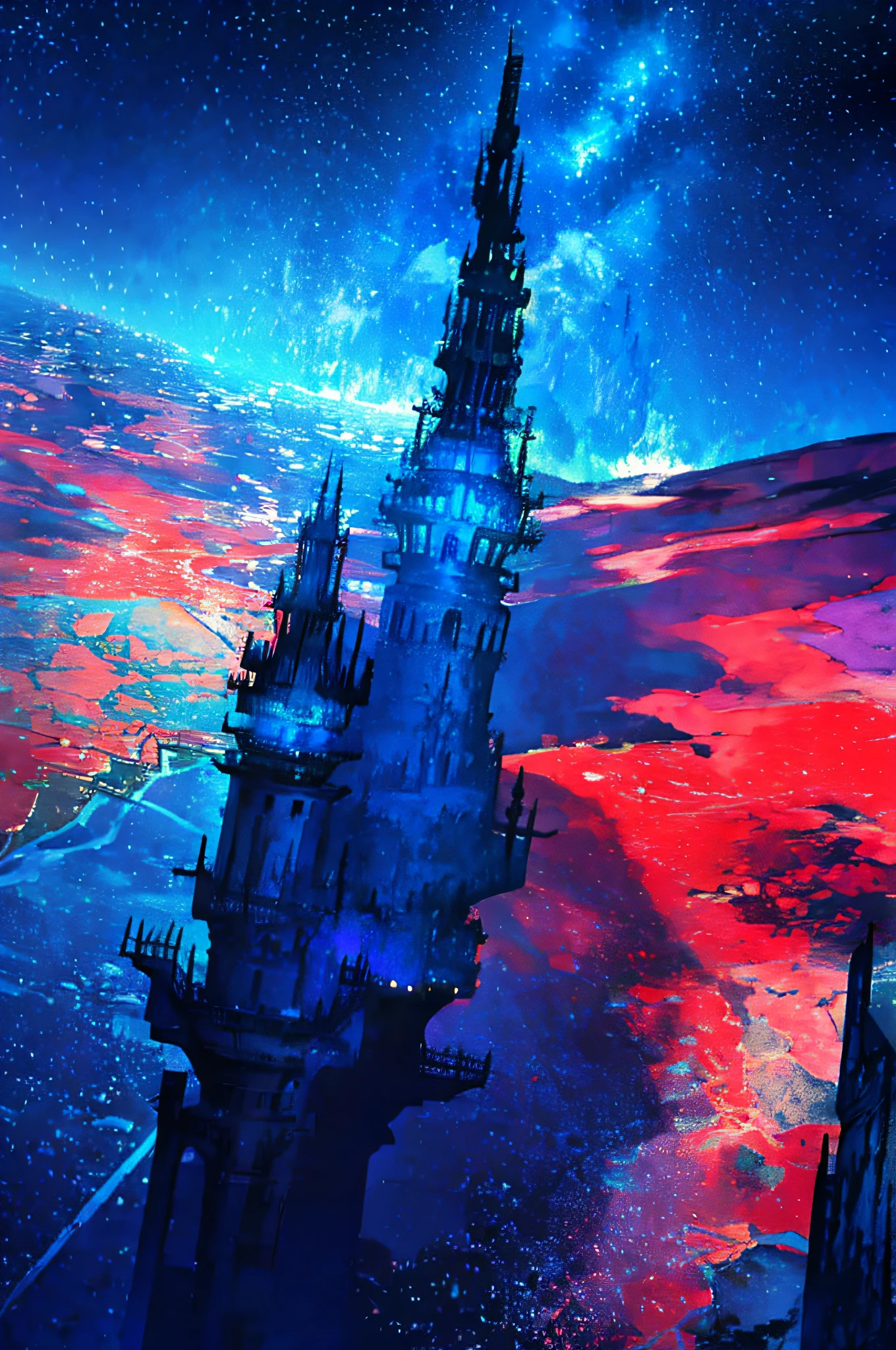 towers of god, blue towers, violet, blue, red, god, red sky, violet sky, starry sky, stars, starry towers, starry god, light blue, civilization, order