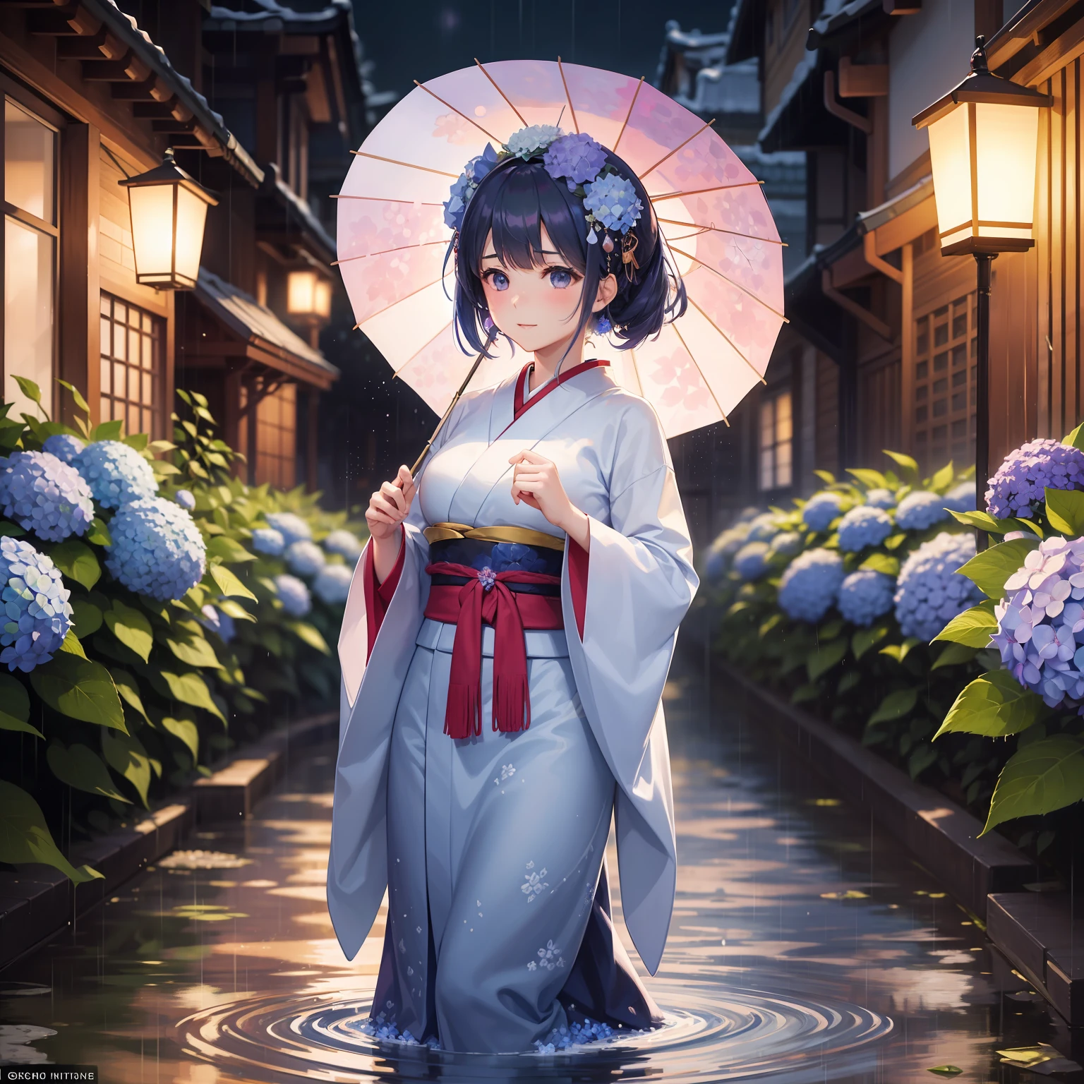 "In a beautiful watercolor painting, a young girl emerges as the centerpiece, dressed in traditional Japanese attire. Her hair mirrors the beauty of a hydrangea bloom, half being a vibrant blue, and the other half a soft light purple.
She walks alone on a dark yet colorful night, the scene aglow with the brilliance of blooming hydrangeas. The landscape painting unfolds in a dreamlike tableau as a whimsical rain begins to fall, each drop blurring the line between water and liquid color.
The scene is dramatically lit under the full moon, further enhancing the dichotomy of the vibrant colors against the dark. The girl moves forward, umbrella in hand, shielding her from the fantastical rain, adding a dynamic element to the painting.
Her solitary journey through the rainy, hydrangea-filled town creates a harmonious blend of traditional Japanese aesthetics with a touch of surreal beauty and imagination."
