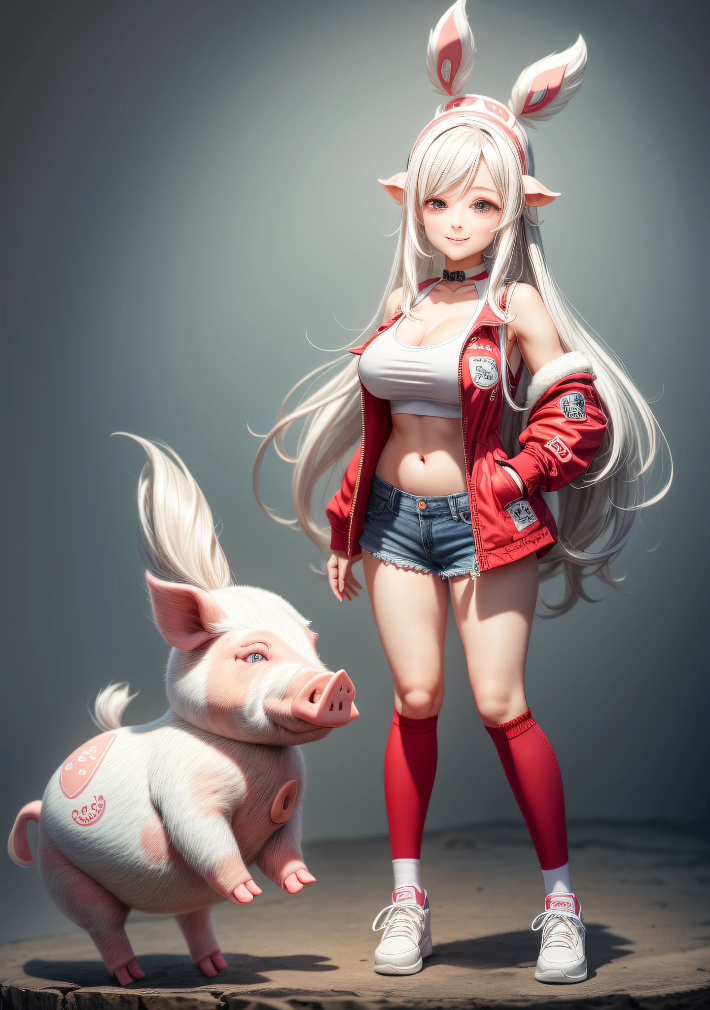 (White gradient background:1.6),(in a panoramic view:1.2,full bodyesbian:1.2),1个Giant Breast Girl,??????? correct,There is a pig next to it,(denim short,red legwear,small vest,Red coat,White shoes),smallunderboob,Pig-shaped headdress,long whitr hair,ssmile,(The pig pattern is printed on clothes and socks:1.6),perfectly proportions,extremelydetailedface,(Best quality at best,high detal,tmasterpiece,offcial art,movie light effect,4K)