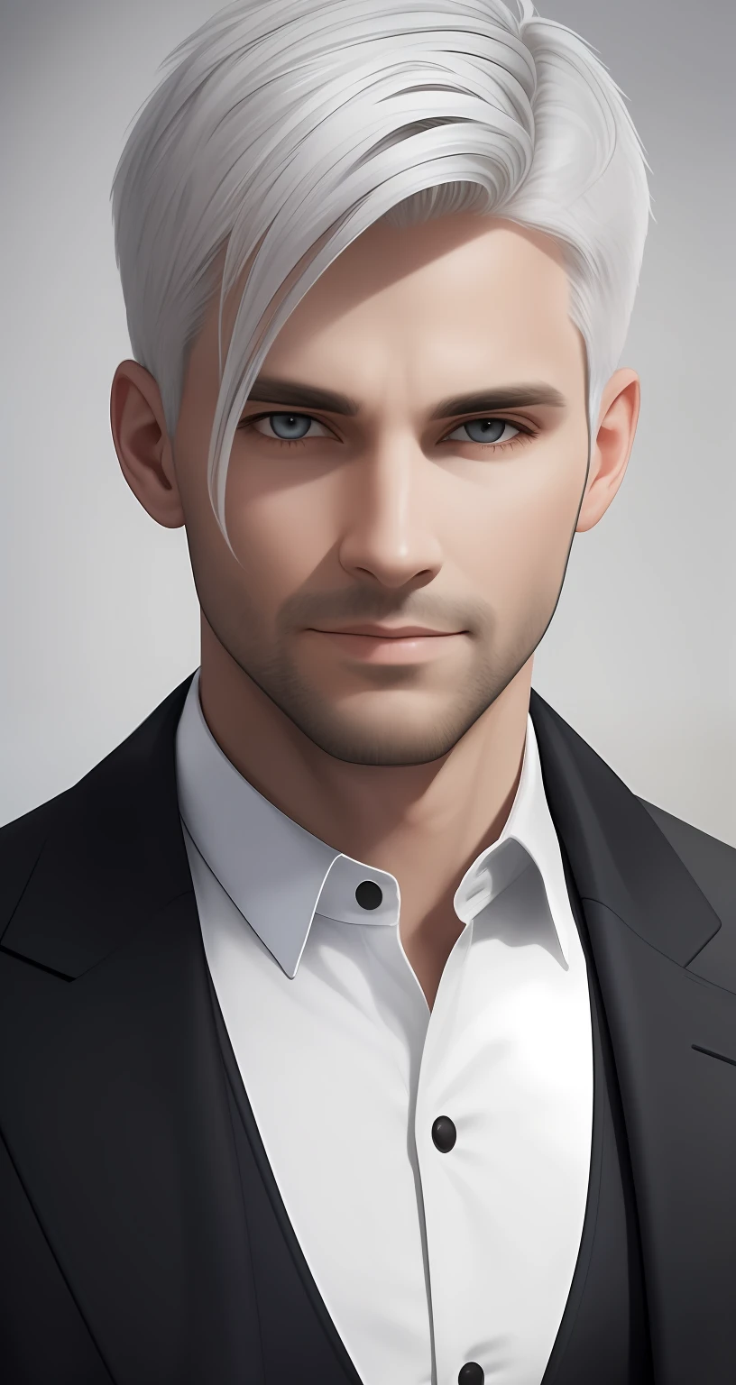 portraite of a. Male 35 years old. white colored hair. dark grey eyes. Dark jacket. slight smile