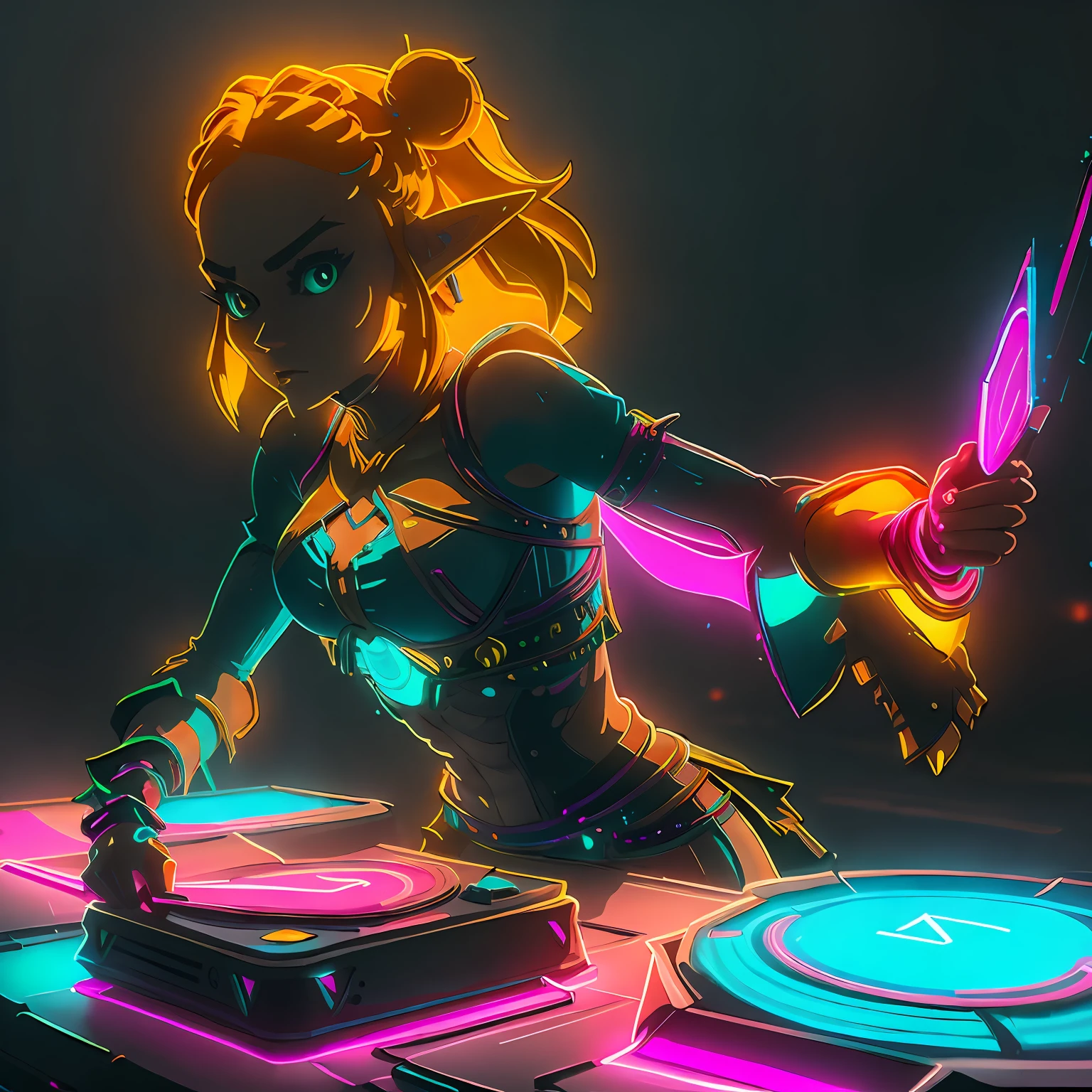 CyberpunkAI
neon  zelda\(princess\) showcasing her badass extreme skills on the turntables decks, at a vibrant neon rave
