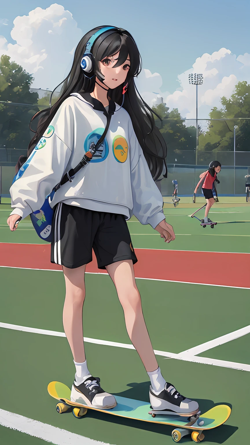 (Masterpiece, Detailed pubic hair, Best quality:1.4), view the viewer, outside, Sports Park
(Wavy hair:0.8), 1girl, Long hair, Black hair, Colorful, Interface headset, skateboards