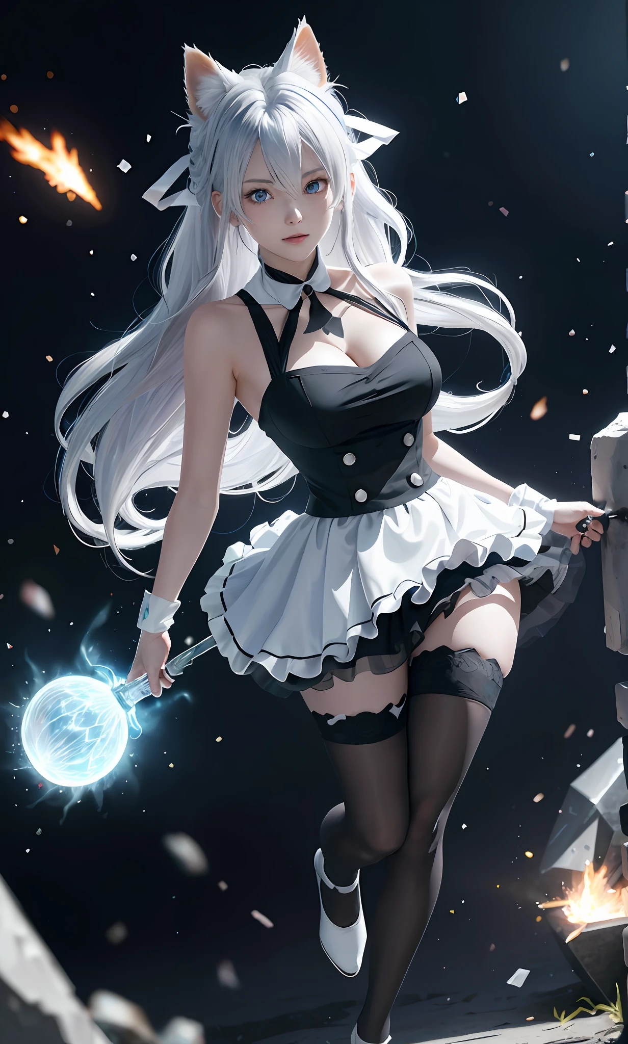 ultra instinct,Epic anime of energy people,4K comic wallpaper,Super Saiyan Blue,anime wallaper,4k anime wallpapers,Anime wallpaper 4K,Anime wallpaper 4 k,human goku,Highly detailed portrait of Super Saiyan Goku, The eye,, Cat ears,Girls room background,tmasterpiece, top-quality,Kizi,,Hair is medium white,whaite hair, (whaite hair), Ear hair, Large bust,Gothic maid costume,Anime maid outfit, Ribbon around the neck,,Facial expression enhancement,Exposed flesh,long leges,Full body like,Tulle clothes,ssee-through,Thin body,Full body portrait of slender legs,A lot of white particles(1000)Particles are like flames,White color hair,Blue lightning effect,Blue arc effect,fully body photo,Full body photo of gray-white eyes