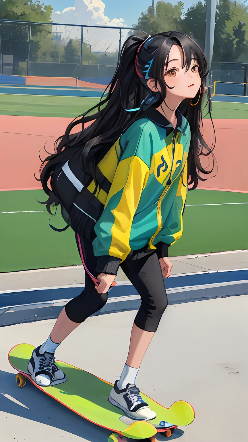 (Masterpiece, Detailed pubic hair, Best quality:1.4), view the viewer, outside, Sports Park
(Wavy hair:0.8), 1girl, Long hair, Black hair, Colorful, Interface headset, skateboards