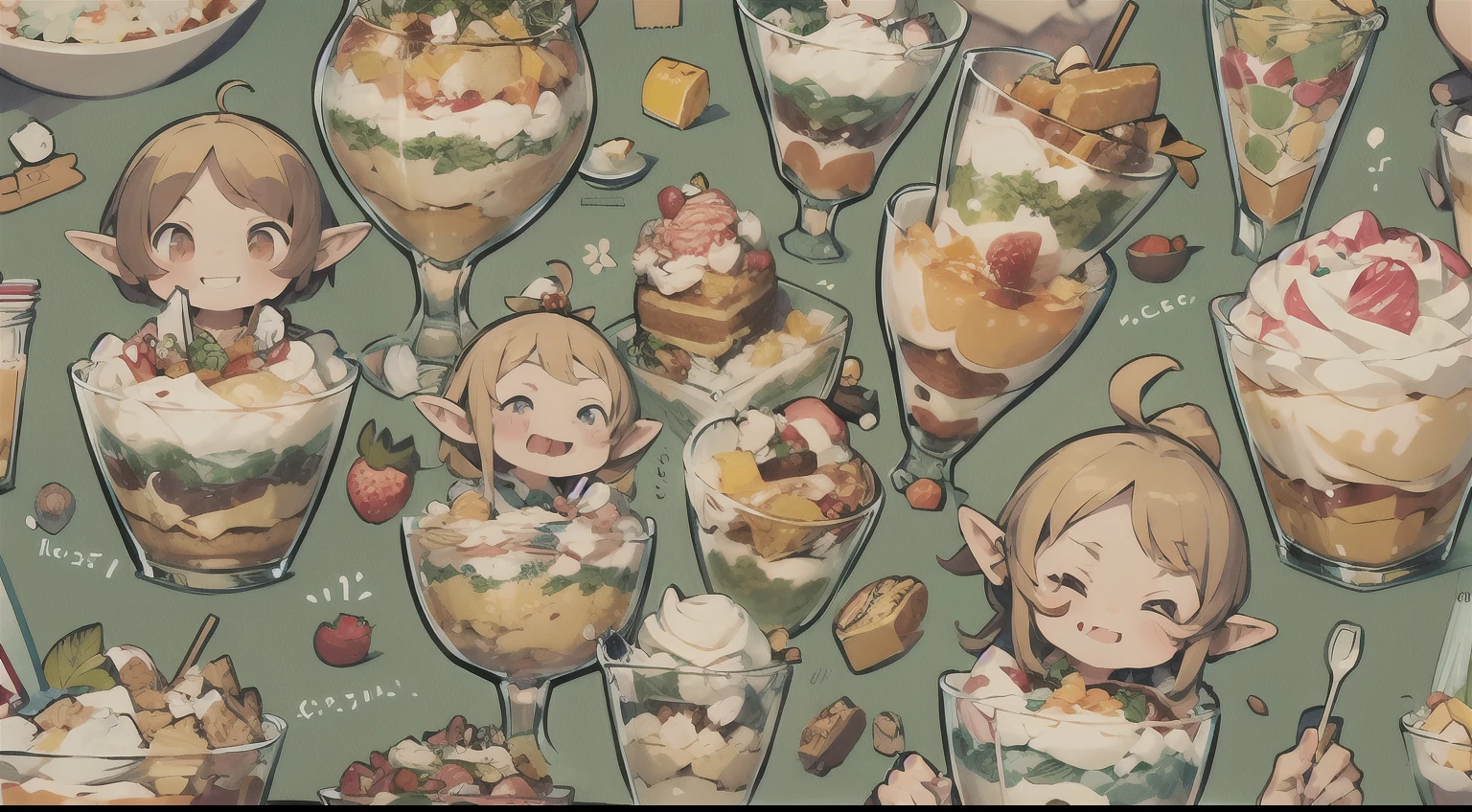 Cute elf character in realistic hand drawn style、It beautifully depicts everyone enjoying a big parfait for a party。