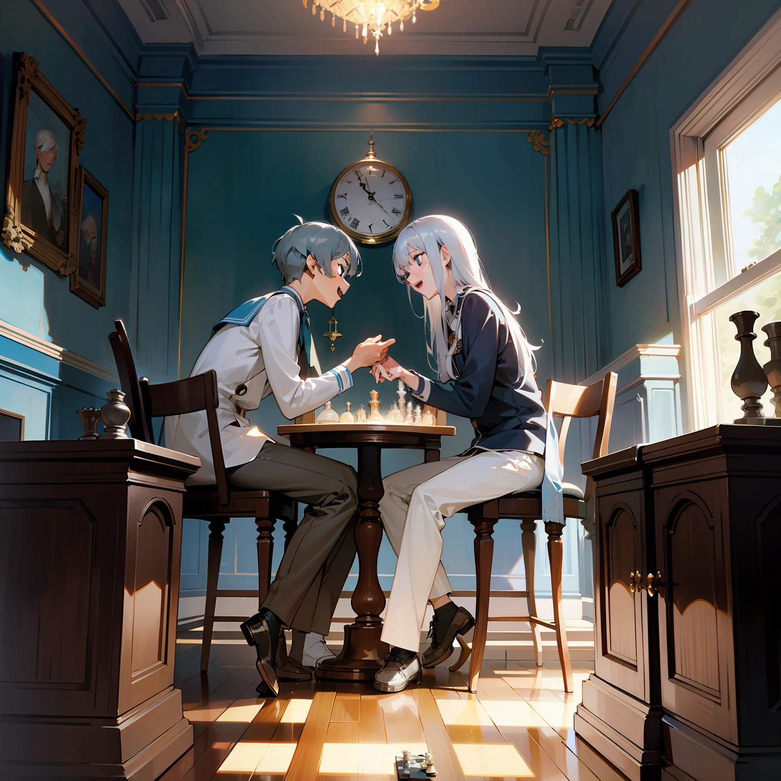 Horizontal chart,Two silver-haired youths,Play chess face to face,Laughing,College uniforms,Light blue pupils,inside in room,There is a clock hanging on the wall,Half-body diagram