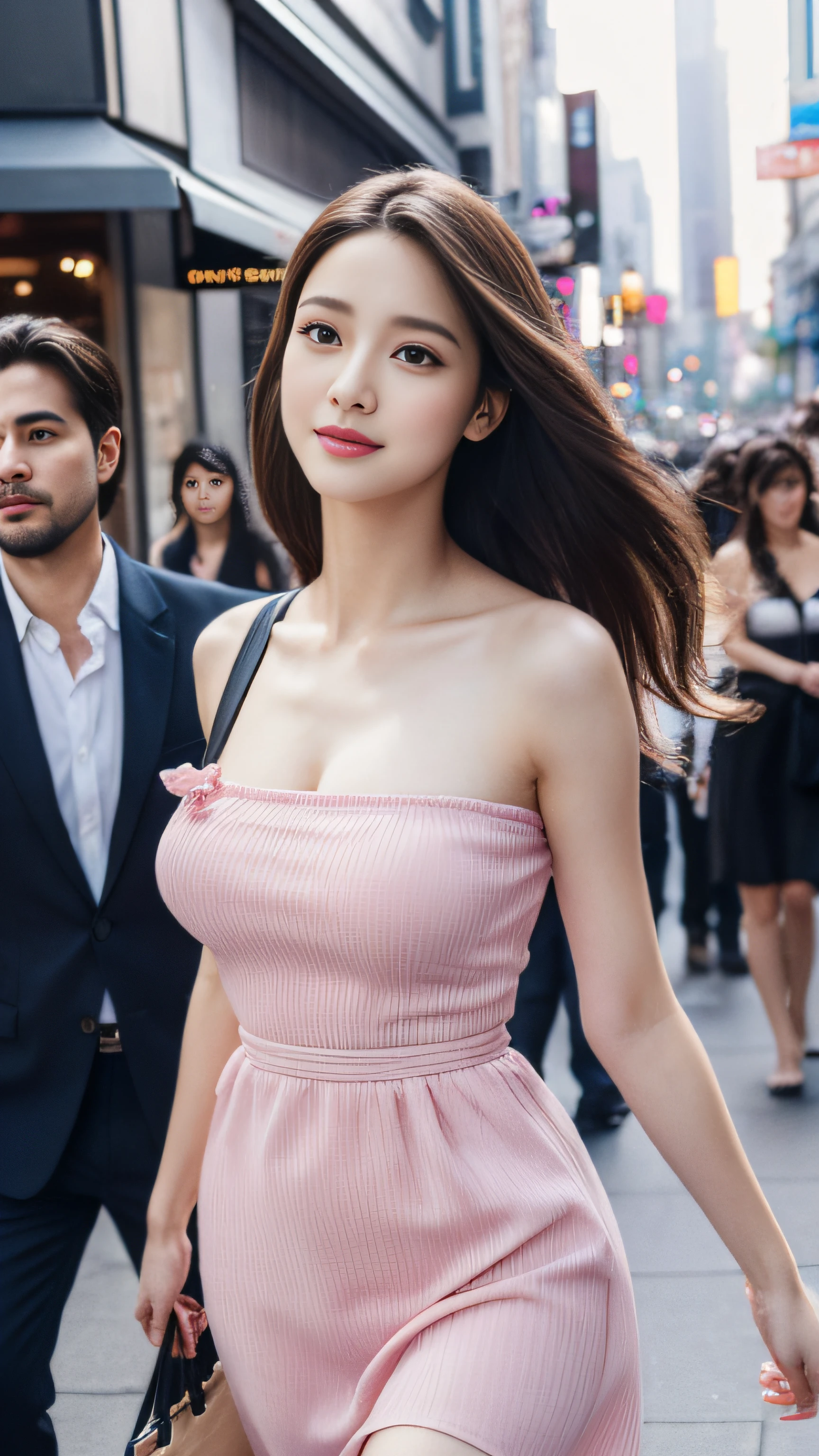 Walking on city streets, a man and a woman, bandeau dress, wearing long gorgeous clothes, wearing pink flower long dress, cute couple, shopping, in the city, highly detailed beautiful girl, highly detailed face, highly detailed eyes, highly detailed skin, highly detailed fingers, highly detailed nose, very detailed detailed mouth