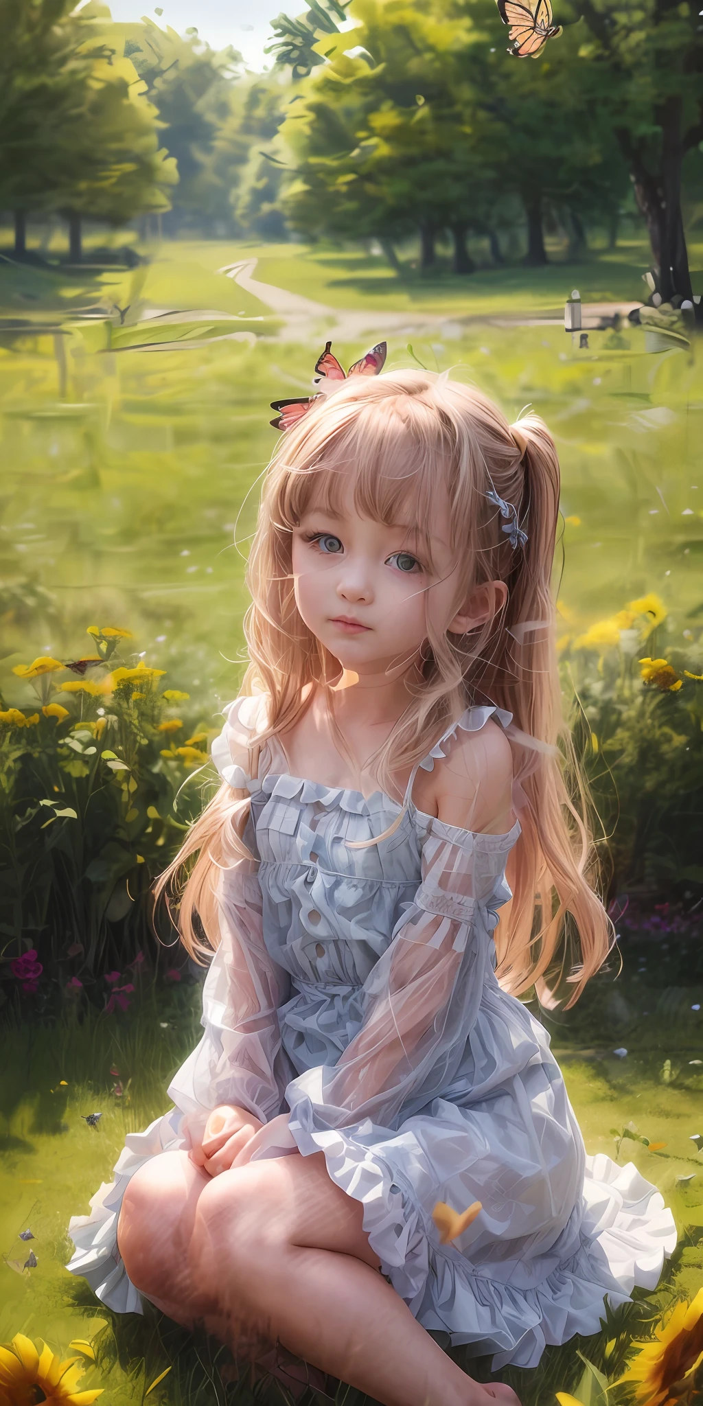 High Detail, Ultra Detail, 8K, Ultra High Resolution A cute and innocent girl, child, toddler, enjoying her time in the open field, surrounded by the beauty of nature, warm sun sprinkling on her, wildflowers gently swaying in the breeze. Butterflies and birds flutter around her, adding to the playful atmosphere,