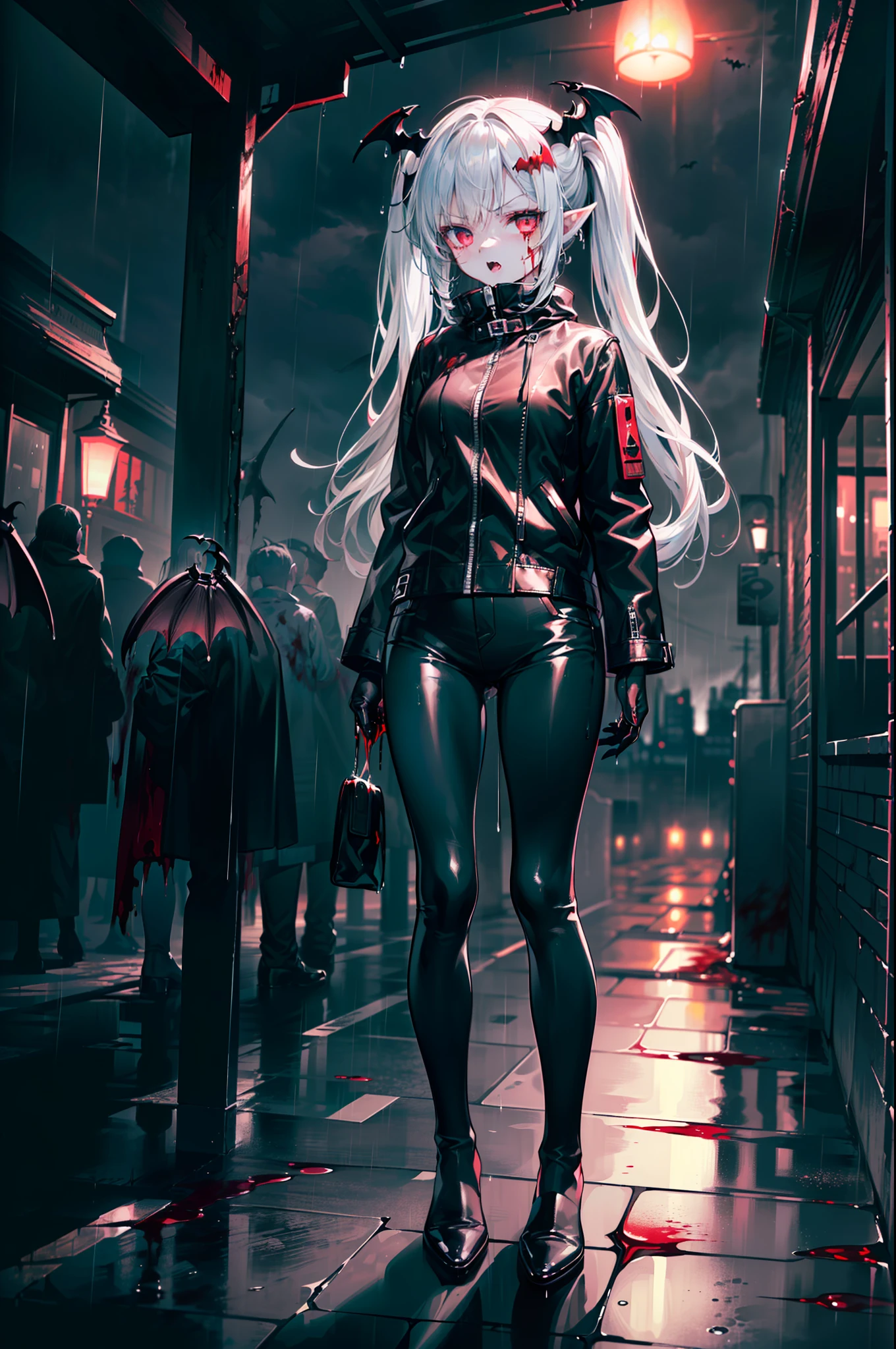 ((masterpiece, best quality, extremely detailed CG, unity 8k wallpaper,anatomically correct,ultra resolution)),Award-winning photography,(best illumination,Very Delicate and Beautiful),(one girl,solo,loli:1.5),(Vampire:1.45),silver hair,(twintails:1.2),glowing red eyes,(pale skin:1.45),(extremely beautiful and detailed face:1.2), (extremely beautiful and detailed eyes:1.2),perfect hands,delicate legs,((bat hair ornament)),(graceful,fashion),pointy ears,((black leather jacket:1.4,black leather pants,black leather shoes,black leather gloves)),looking at viewer,make a fist,(angry:1.3),open mouth,(cute:1.5),((night, dark atmosphere, dark theme, darkness:1.5)),dramatic shadows,(dimly lit:1.5),blood on face,blood on floor, blood on walls,(blood mist,blood splash:1.4),depth of field,(Bustling city:1.2,in the rain:1.3),cloudy sky,raining,skyline,(perfect human body structure with maximum precision)