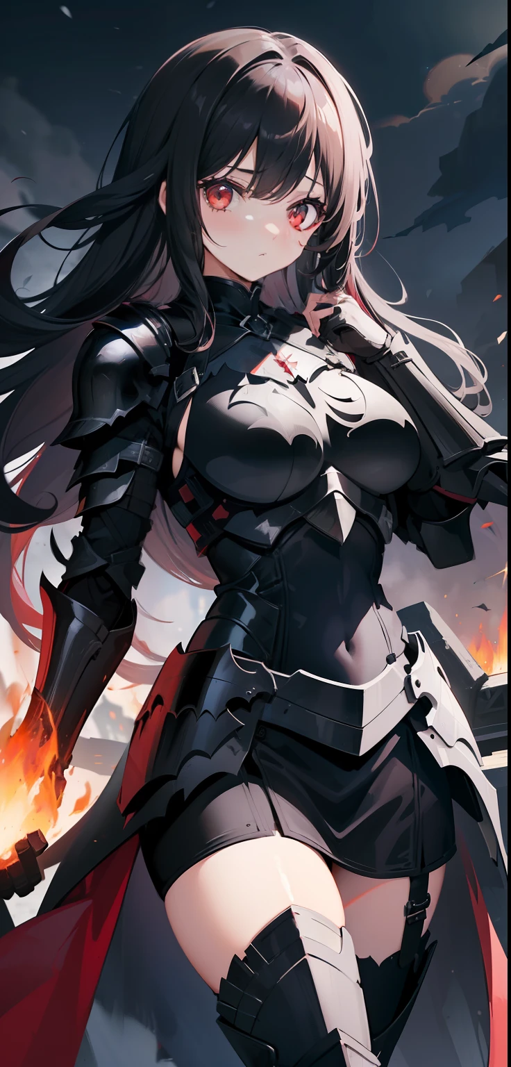 1 Girl, light red eyes, big black hair, locks of hair, bangs, hair details, detailed hair strands, (lights effect on hair), ((dark knight armor)), big chest, thick legs, thick thigh, background scenery, winter, surrounding fire, ambient detail, ultra-detailed