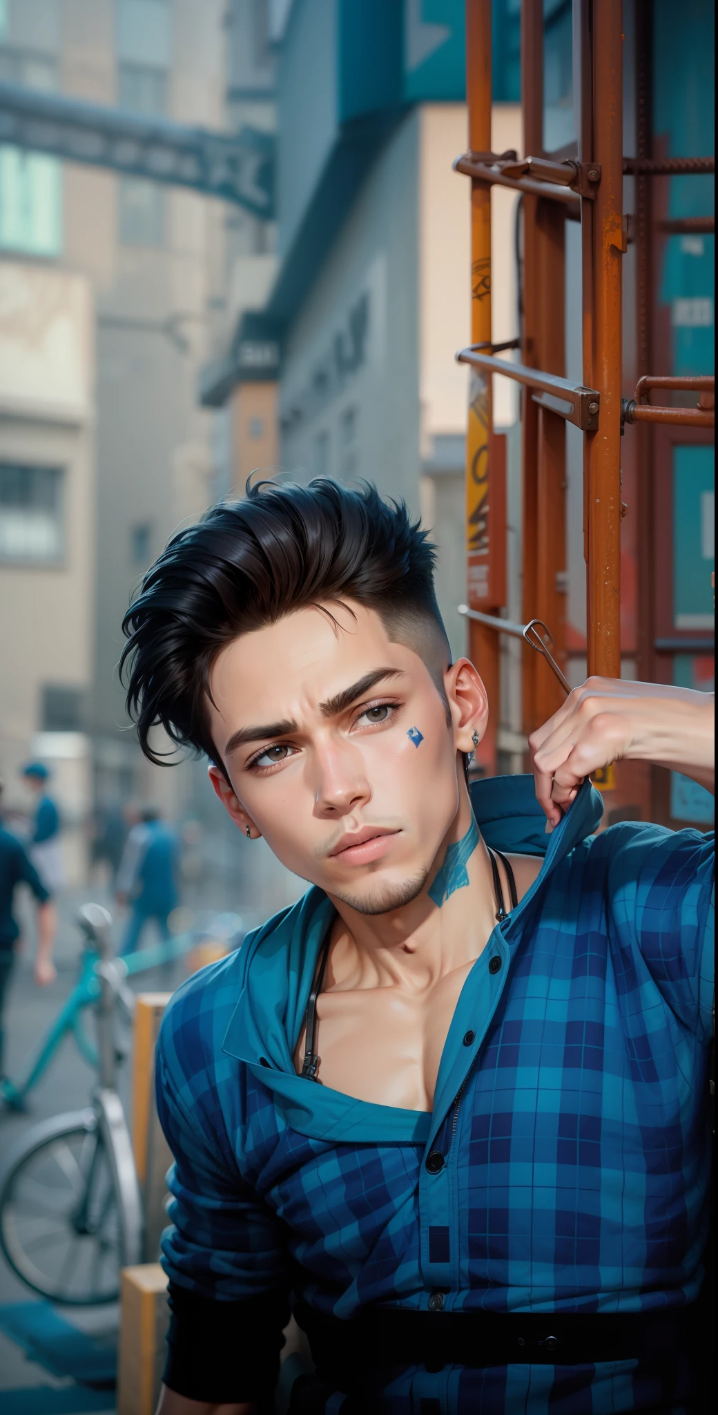 "Change background to urban street with graffiti, realistic face of a stylish and handsome boy."