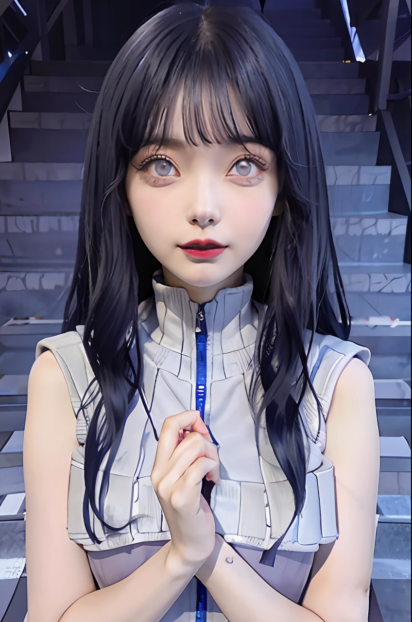 a close up of a person with long hair and a hoodie, hinata hyuga, hinata hyuga from naruto, from naruto, as an anime character, perfect anime face, she has dark blue hair with bangs, female anime character, anime character, anime best girl, hime cut hairstyle, dark blue hair, (red glossy lips:1.3), light purple eyes, big breasts, jungle background