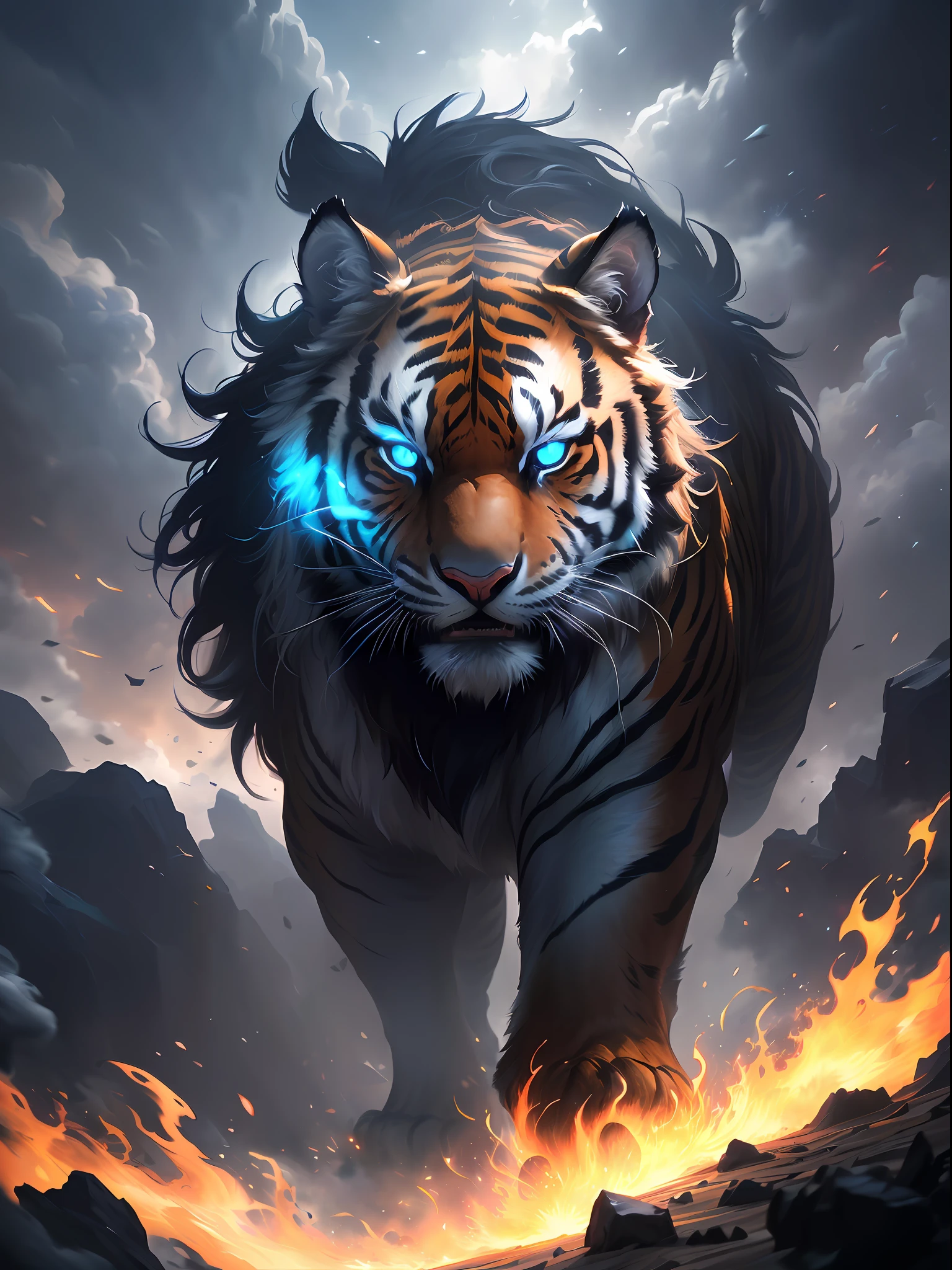 There is a tiger with blue eyes and black mane, 4k highly detailed digital art, Tiger_beast, bastien grivet, 4K detailed digital art, tiger of fire flying, Tiger, highly detailed digital artwork, Epic fantasy digital art style, fierce expression 4k, feng zhu |, epic digital art illustration, digital painting highly detailed