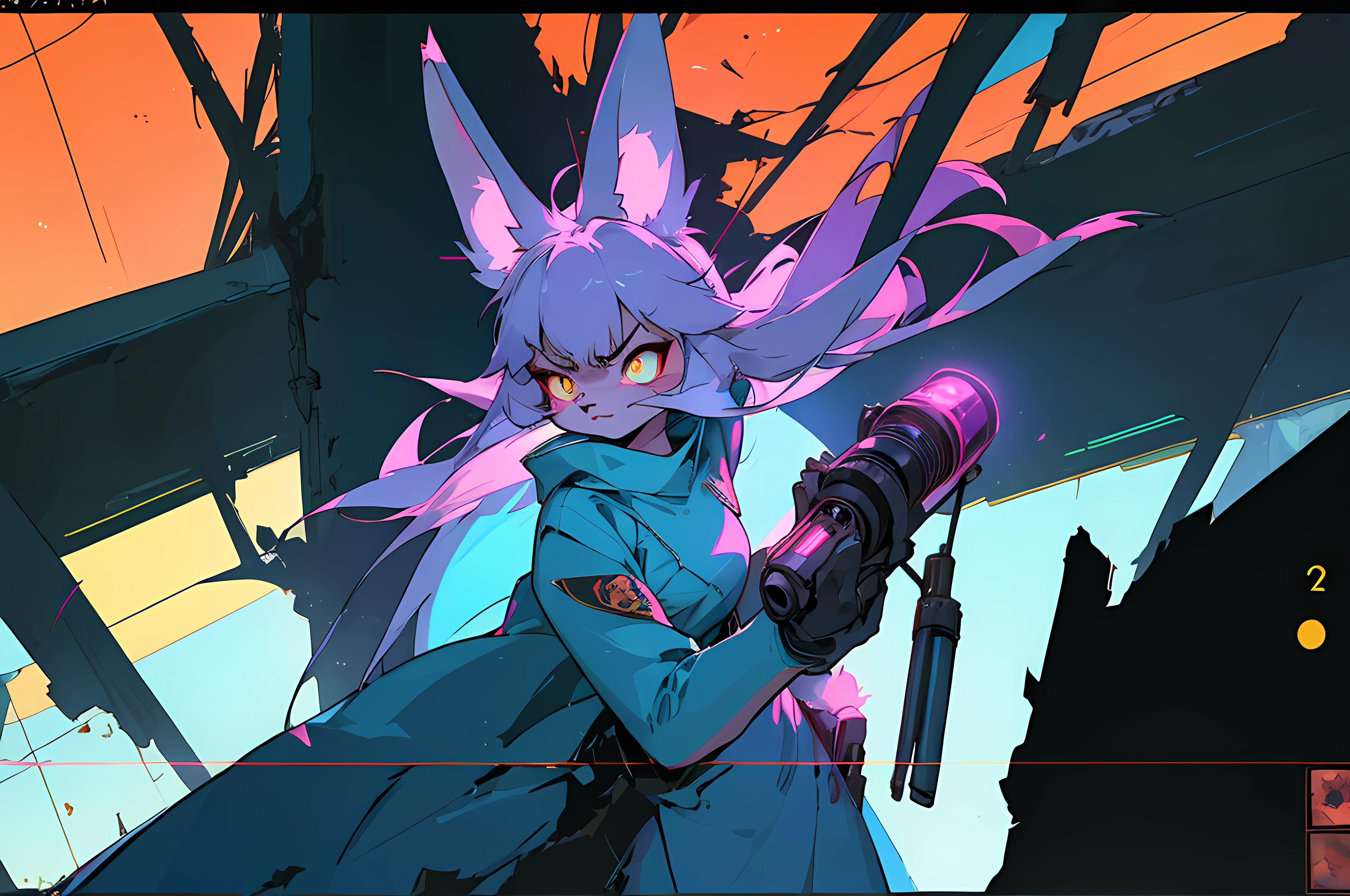 (vintage vhs), (crt screenshot), (Zen, Amy Sol style), (((angry cathedral shootout spacewalk))), (((blue anthro kemono furry rabbit exploring old ruins))), (((underground cavern shining flashlight in old ruins))), anime rabbit character with futuristic hair and glowing eyes exploring old ruins, anime art, anime aesthetic, (((old ruins in background cel art))), kemono anime space cadet rabbit girl, wearing cybernetic bunny ears, angry powerful female fighter --v6