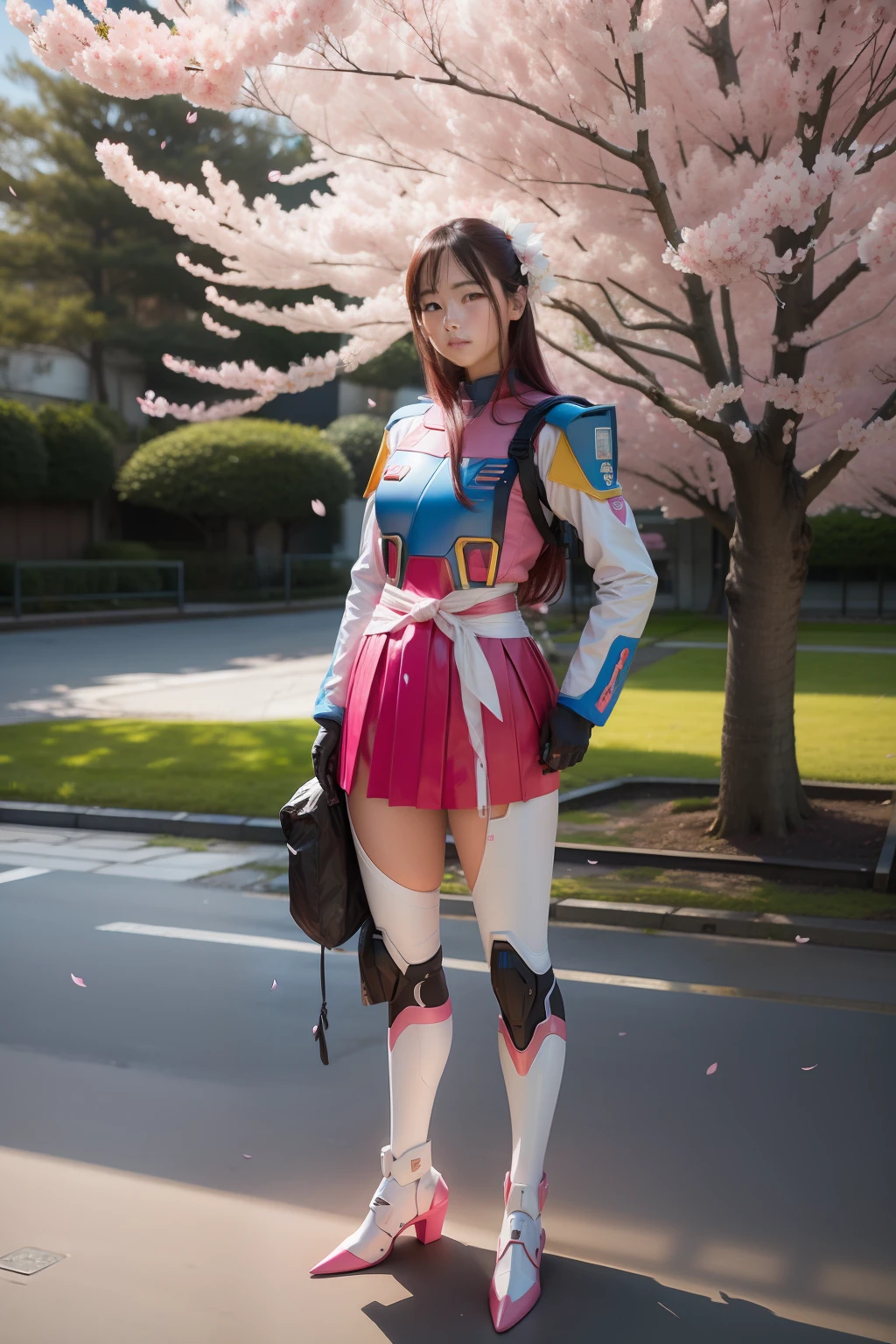 a pink gundam standing in front of a cherry blossom, in the style of realistic hyper-detailed portraits, heistcore --ar 90:161 --q 2 --v 5 --s 750