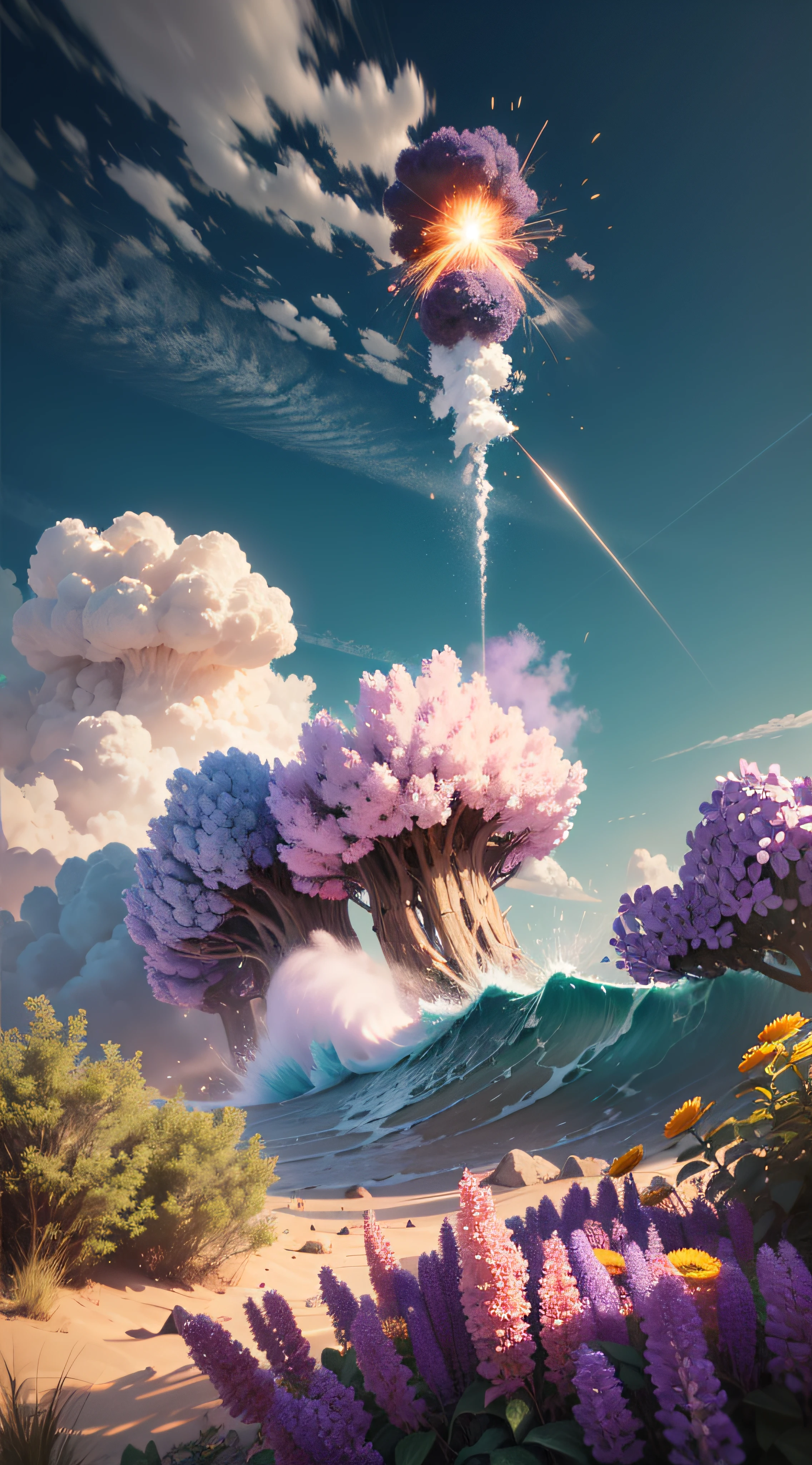 Flowers explode, colours: Lilac, Pink, Red, Blue, Yellow, Purple and orange, ((Atomic explosion style)), large clouds ((Flowers)) In the sky, Flowers everywhere, Dust and vision, Large waves surging over the sky and vegetation，colorful flower, 3D, Best quality, Photorealistic, 32K, hdr