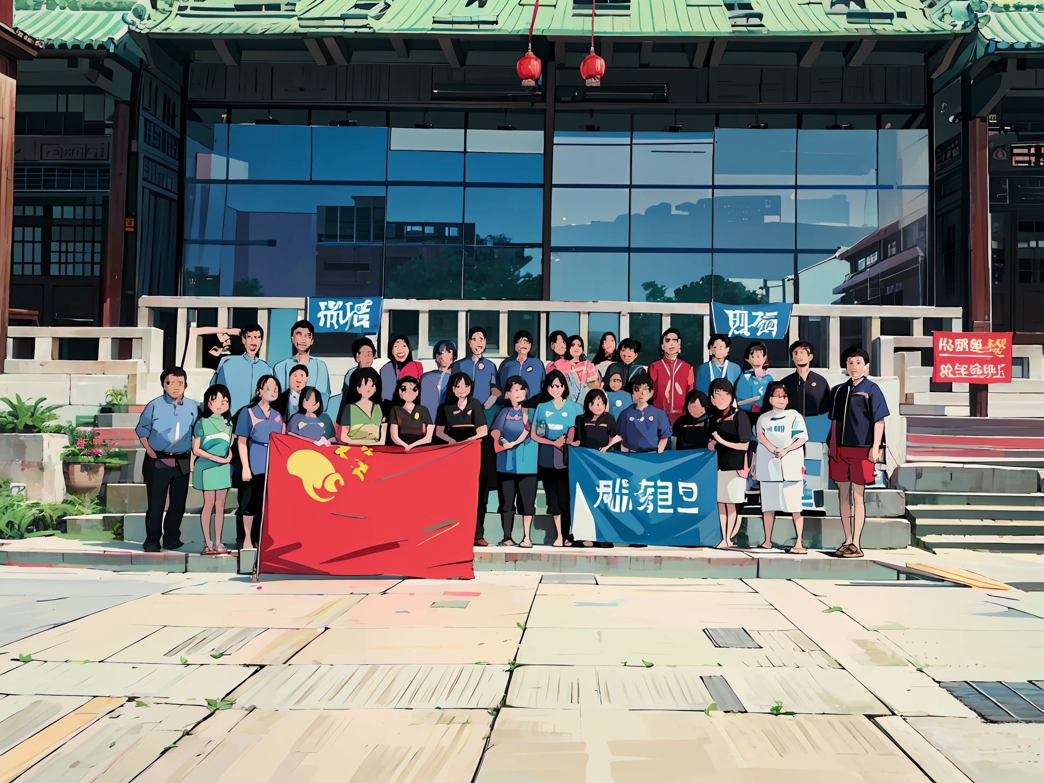 A group of people stand in front of a building holding a flag, Group photo, from china, good contrast, jinyiwei, guangjian, Student, author:Ann Text, sandra, ruanjia, author:Liao Zhichun, zeng fanzh, Summer, Eat Zhuoxin, Wanda, Meeting photos, Summer evening