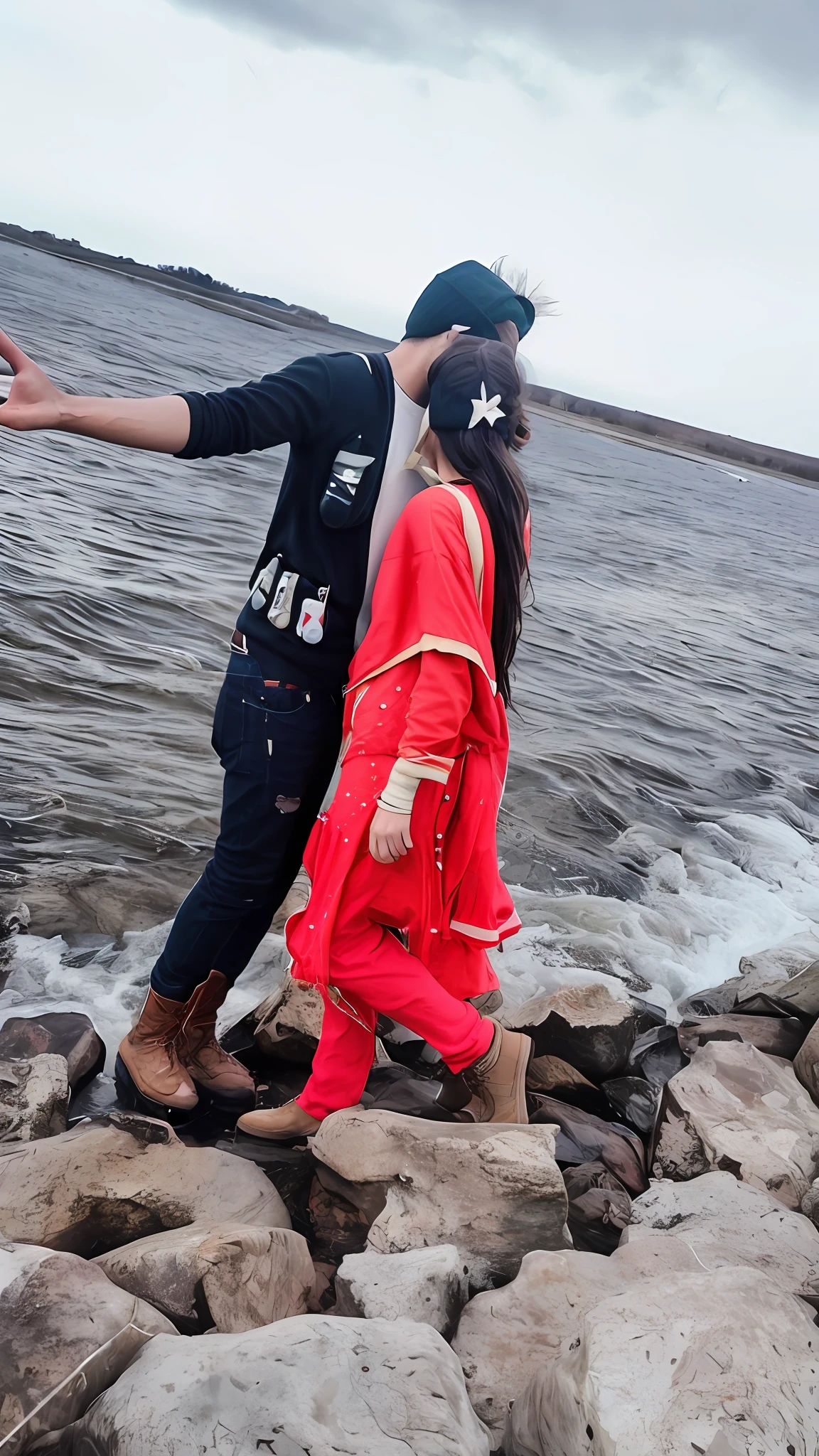Couples ((upper body selfie, happy)), masterpiece, best quality, ultra-detailed, ground, outdoor, (day), see beech, nature, (stars, sun) cheerful, happy, backpack, bag sleeping bag, camping stove, water bottle, mountain boots, gloves, sweater, hat, lantern, forest, rocks, river, wood, smoke, shadows, contrast, clear sky, style, (warm hue, warm tone): 1.2), close-up, cinematic light, side lighting, ultra high resolution, best shadow, RAW, , wearing pullover only background chenge