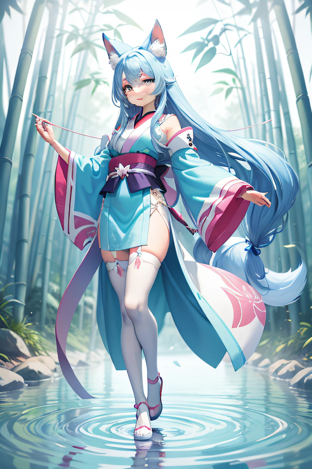 Gradient powder blue hair,Brown eyes,Fox's pink ears,Wearing a blue-and-white kimono,Stand on the edge of the river in the bamboo forest,The eyes are big,Slim figure,Behind him 9 pink-white tails,The lower body is wearing white stockings,femminine,style of anime,Big eyes are smart and cute,Beautiful face,Cute and moving