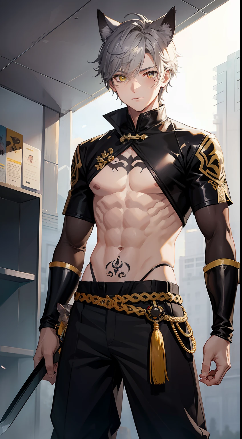 young boy, short gray hair, Cat's ears, Heterochromia, Yellow left and brown right eyes, tattoo, open torso, Pants of a Chinese general, swords, Masterpiece, hiquality