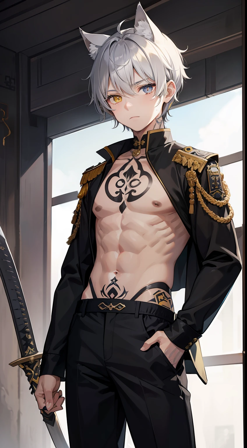 young boy, short gray hair, Cat's ears, Heterochromia, Yellow left and brown right eyes, tattoo, open torso, Pants of a Chinese general, swords, Masterpiece, hiquality
