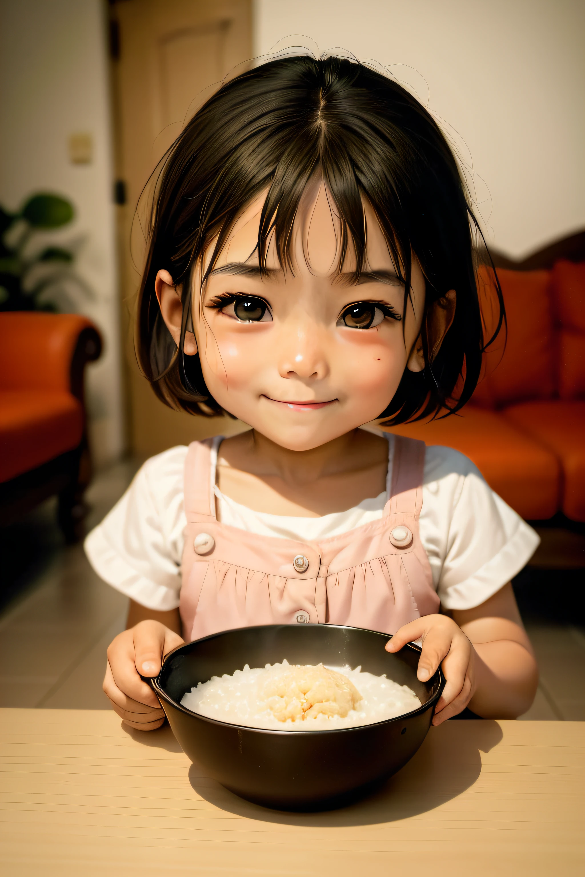 One is about ,zona rural,Wear short-sleeved vegetarian,bit girl,short detailed hair,There was rice in the table bowl,Eat the rice happily with a spoon,Very happy,The little girl smile on her face,The background is a warm color living room,sharp detailed face,Close-up,(Best quality at best,tmasterpiece)face, Close-up