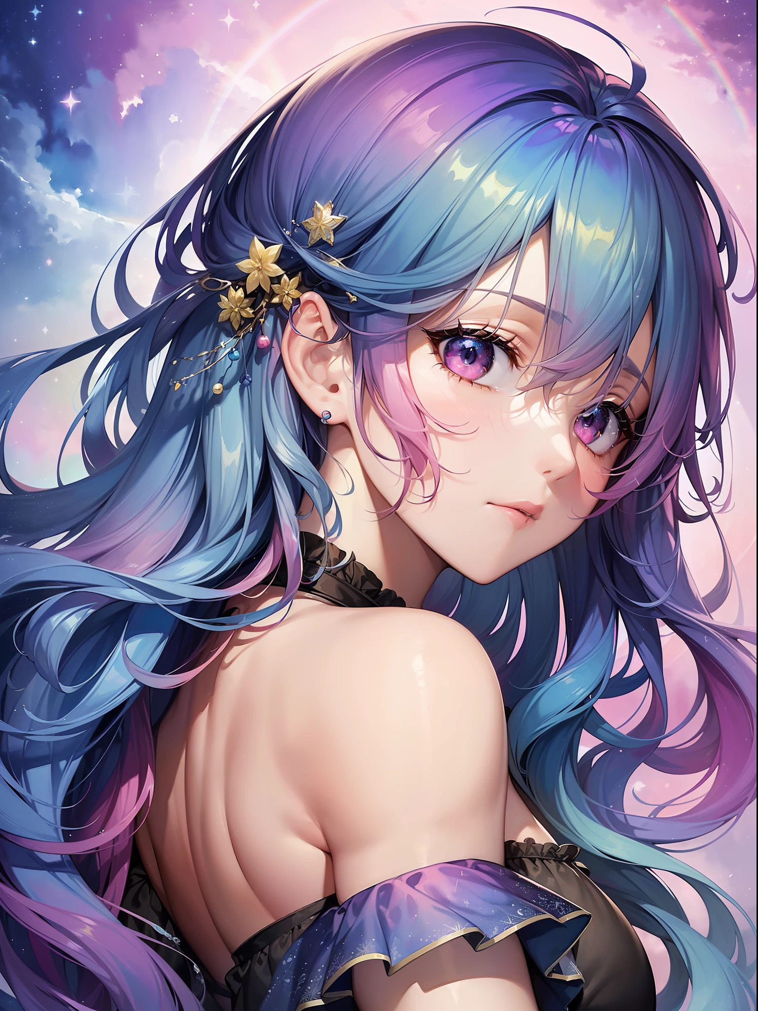 (masterpiece, top quality, best quality,watercolor (medium),official art, beautiful and aesthetic:1.2),(1girl:1.3), (fractal art:1.3),upper body, from side, looking at viewer,patterns,(rainbow color Hair,colorful hair,half blue and half pink hair:1.2),water,liquid, cloud,colorful, starry,stars,