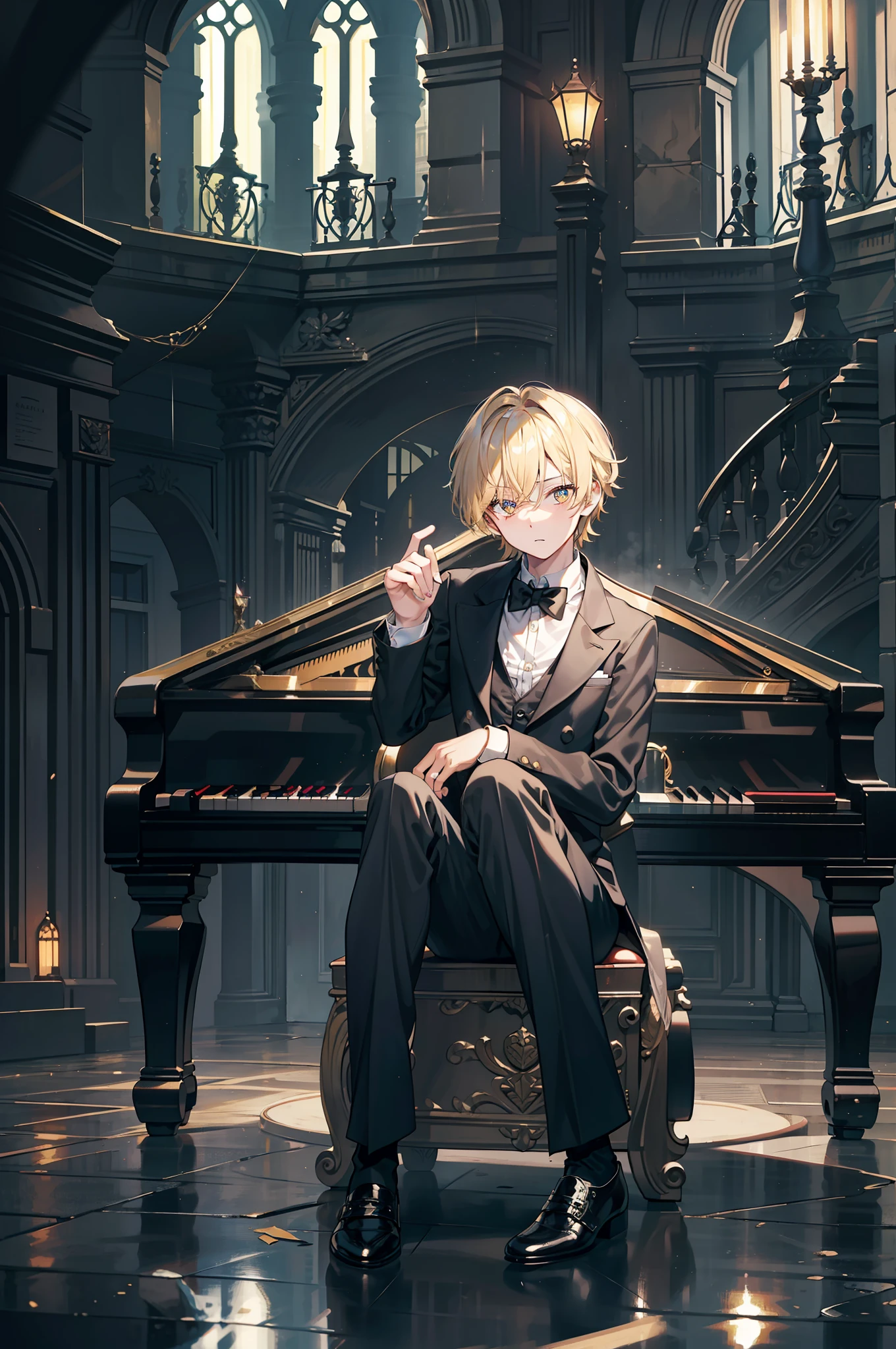 masterpiece,(bestquality),highlydetailed,ultra-detailed,dark,solo,(1boy),(black tailcoat),sparklingwhite shirt,black bowtie,shinyblack shoes,(slickedbackhair:0.8),(sharpfacialfeatures:0.5),cold, solo, (1boy), deteiledeyes, shinegoldeneyes, (blondhair: 0.8) (lighteyes: 0.8)