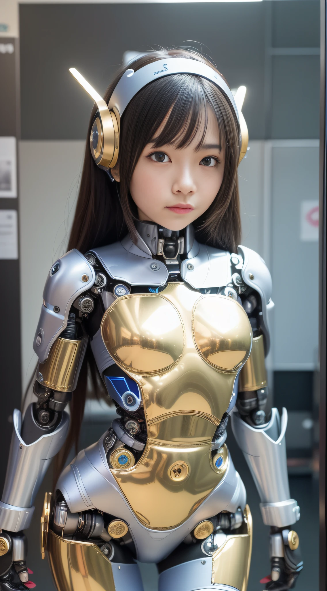(Photorealsitic:1.4)、Onegirl、(top-quality),(hyperdetailed face)、(Super well-formed face)、((Robot Parts))、(Cyborg girl)、(metalic)、(fullllbody)、(sexy pose)、(Slender body)、(Model body type)、(full body mech)、(akihabara)、(is looking at the camera)、(A dark-haired)、(9Head and body)、(a small face)、(Idol)、(front facing)、(Standing with legs open)、(Hands on hips)、(Photo session)、(Looks sad)、(Cyborg girl in blue satin dress)、(Golden button)、(sleeve less)、(a miniskirt)