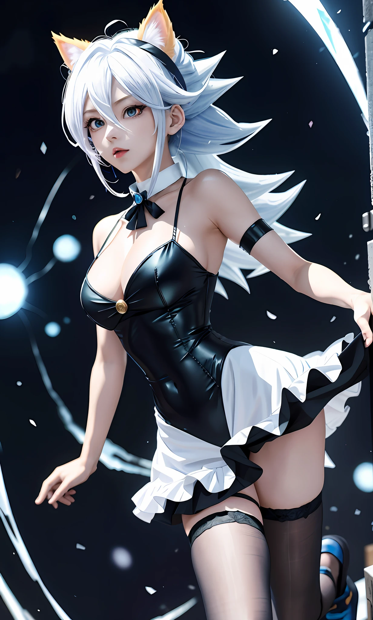 ultra instinct,Epic anime of energy people,4K comic wallpaper,Super Saiyan Blue,anime wallaper,4k anime wallpapers,Anime wallpaper 4K,Anime wallpaper 4 k,human goku,Highly detailed portrait of Super Saiyan Goku, The eye,, Cat ears,Girls room background,tmasterpiece, top-quality,Kizi,,Hair is medium white,whaite hair, (whaite hair), Ear hair, Large bust,Gothic maid costume,Anime maid outfit, Ribbon around the neck,,Facial expression enhancement,Exposed flesh,long leges,Full body like,Tulle clothes,ssee-through,Thin body,Full body portrait of slender legs,A large number of white particles(1000)Particles are like flames,White color hair,Blue lightning effect,Blue arc effect,fully body photo,Full body photo of off-white eyes