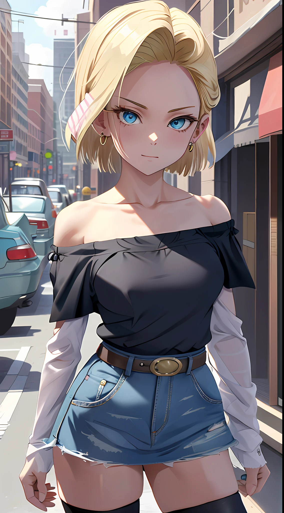 best qualtiy, A high resolution, and 18, 1girll, Android 18,(Off-the-shoulder attire:1.5), 独奏, blond hairbl, eBlue eyes, short detailed hair, 耳Nipple Ring, jewely, Open vest,, Denim miniskirt, Striped long sleeves, blue skirts, mediuml breasts, cowboy lens, the street, (Expand the chest externally:1.2), (No shoulder strap:1.5), nabel,whitethighhighs