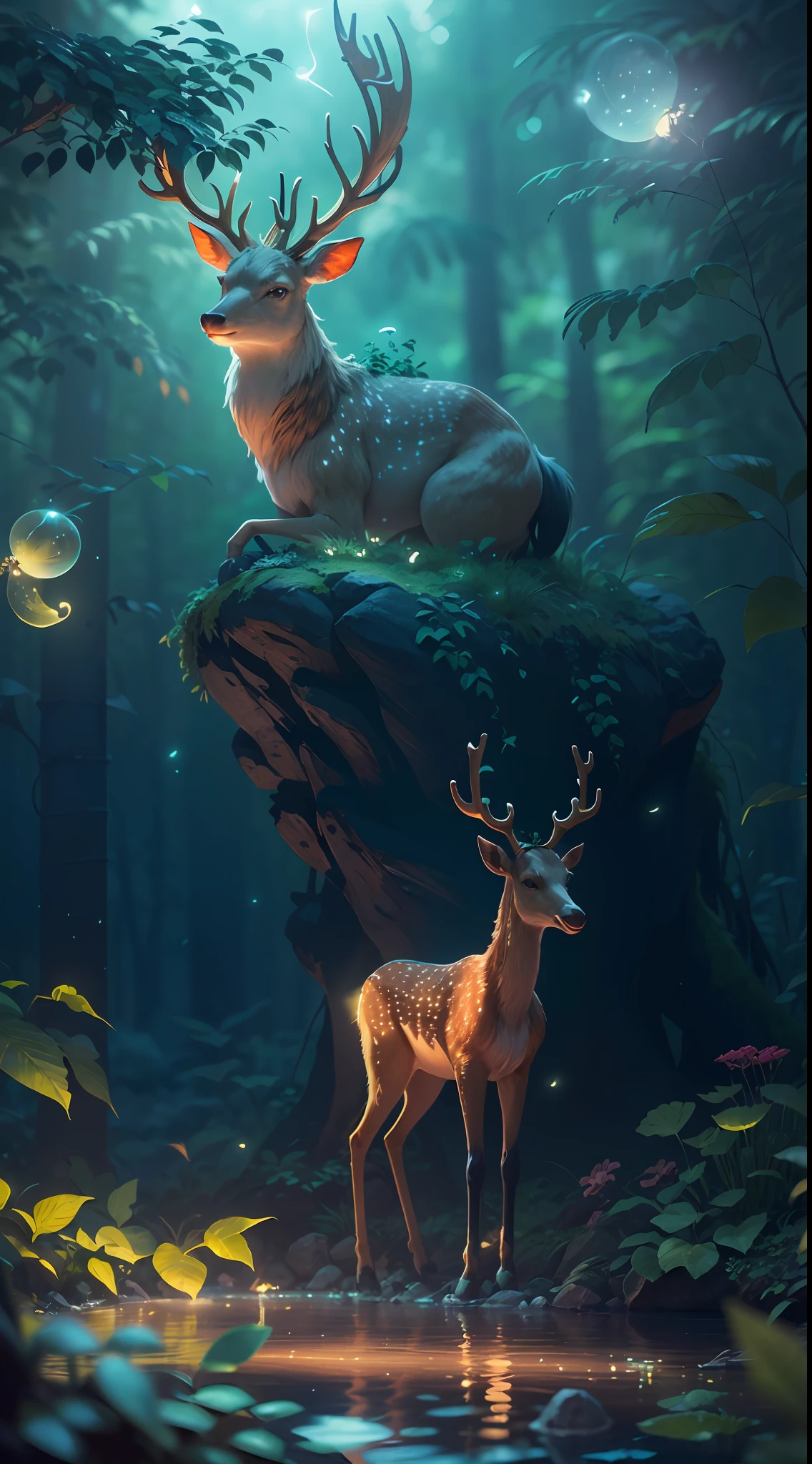 Masterpiece, best quality, (very detailed CG unity 8k wallpaper), (best quality), (best illustration), (best shadows), glow sprite, with a glowing deer, in the swimming pool Drinking water, natural elements in the forest theme. Mysterious forest, beautiful forest, nature, surrounded by flowers, delicate leaves and branches surrounded by fireflies (natural elements), (jungle theme), (leaves), (twigs), (fireflies), (particle effects) etc. 3D , Octane rendering, ray tracing, super detailed