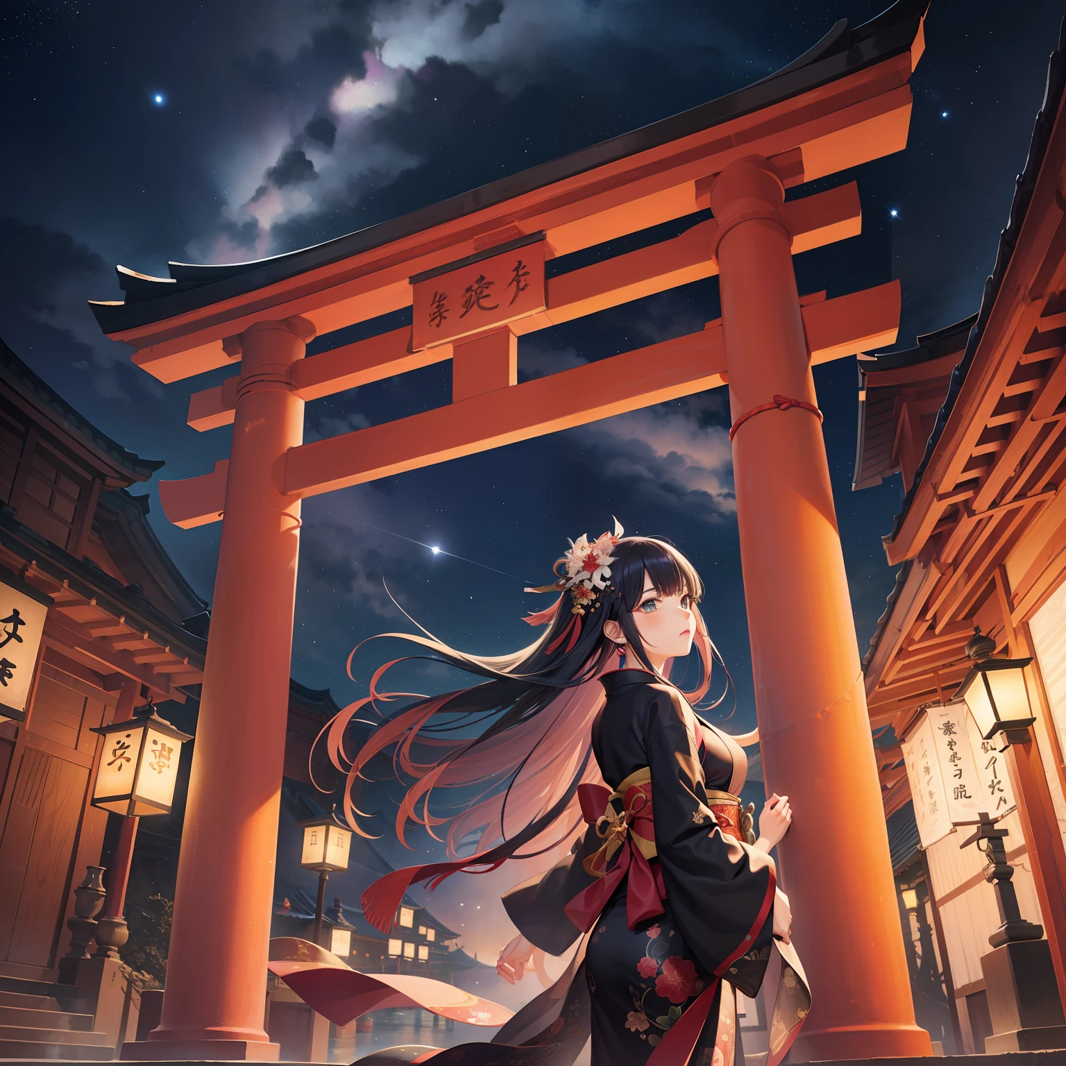"Beautiful and aesthetic watercolor features a girl. She has stunning hair decorated with spider lilies (Higanbana) Flowers, Show colorful strands of half black and half red, Very similar to beautiful licorice flowers. Dressed in a black kimono、Dance in front of a large torii gate. The stage is a dark night、Starry sky nearby, Full of stars that seem to be within reach. Water and brightly colored elements further enhance the scene. The landscape is not only breathtaking, however、It also conveys a sense of mystery. Lanterns shining with fantastic lights around the shrine, Creates an overall mystical aura. altogether, It is a very fantastic image."