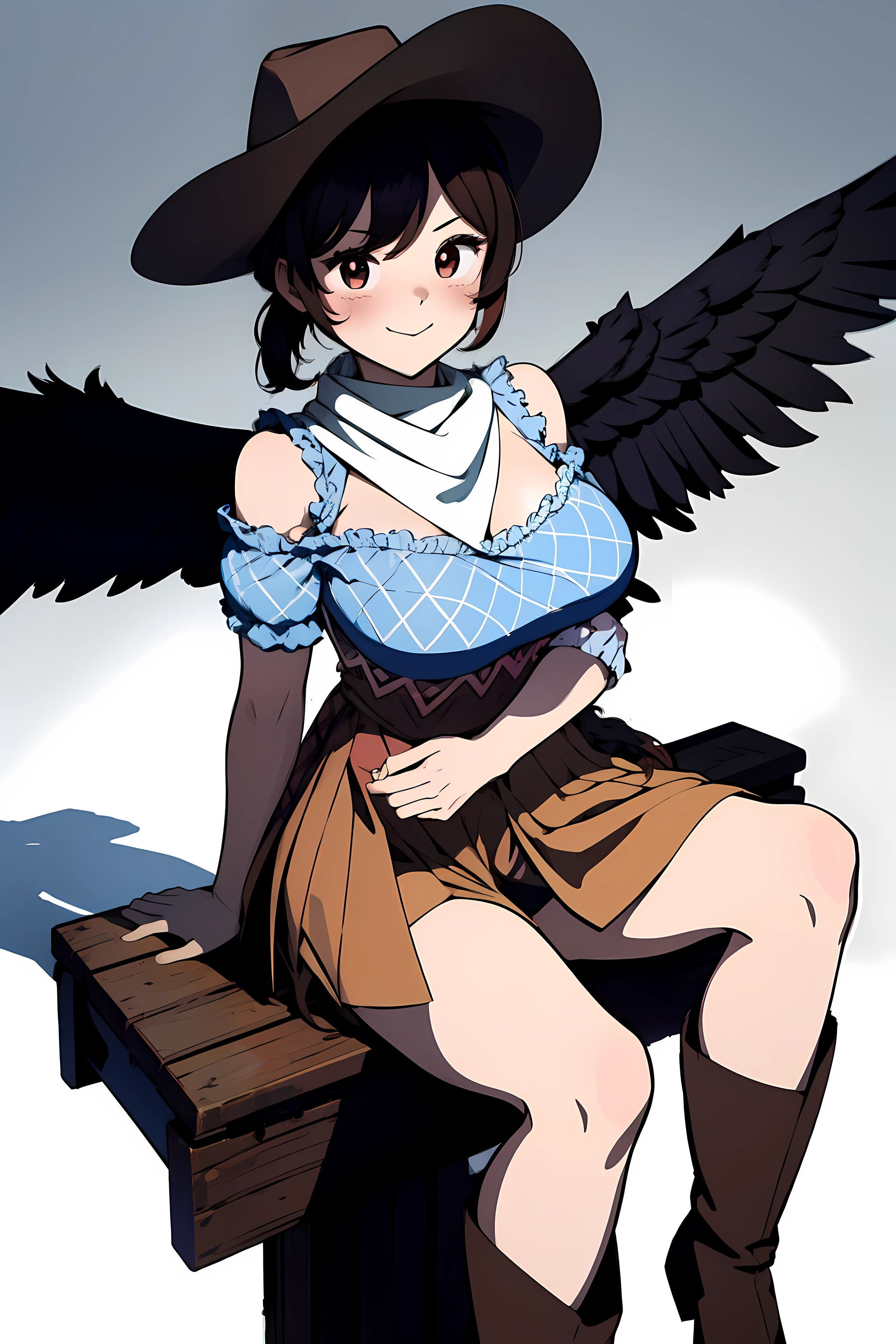 (masterpiece),best quality, expressive eyes, perfect face, 1girl,
big breast, H-cup, good breast, beautiful, gorgeous,anime,girl,lora, floating clothes, tent chest ,
 nipple visible  though clothes,Saki Kurokoma,
red eyes,
black hair,
short hair,
long ponytail,
black wings,
black horse tail,
brown cowboy hat,
brown boots,
light blue plaid shirt,
light pink shirt,
brown plaid skirt,
light orange skirt,
shoulders,
white bandana tied around neck,crazy smile,yameroyandere,yandere,crazy eyes,dark,glowing eyes,shaded face,empty eyes,w sitting, w sitting on ground,legs on ground,arms between legs, hands between thighs,both arms between legs