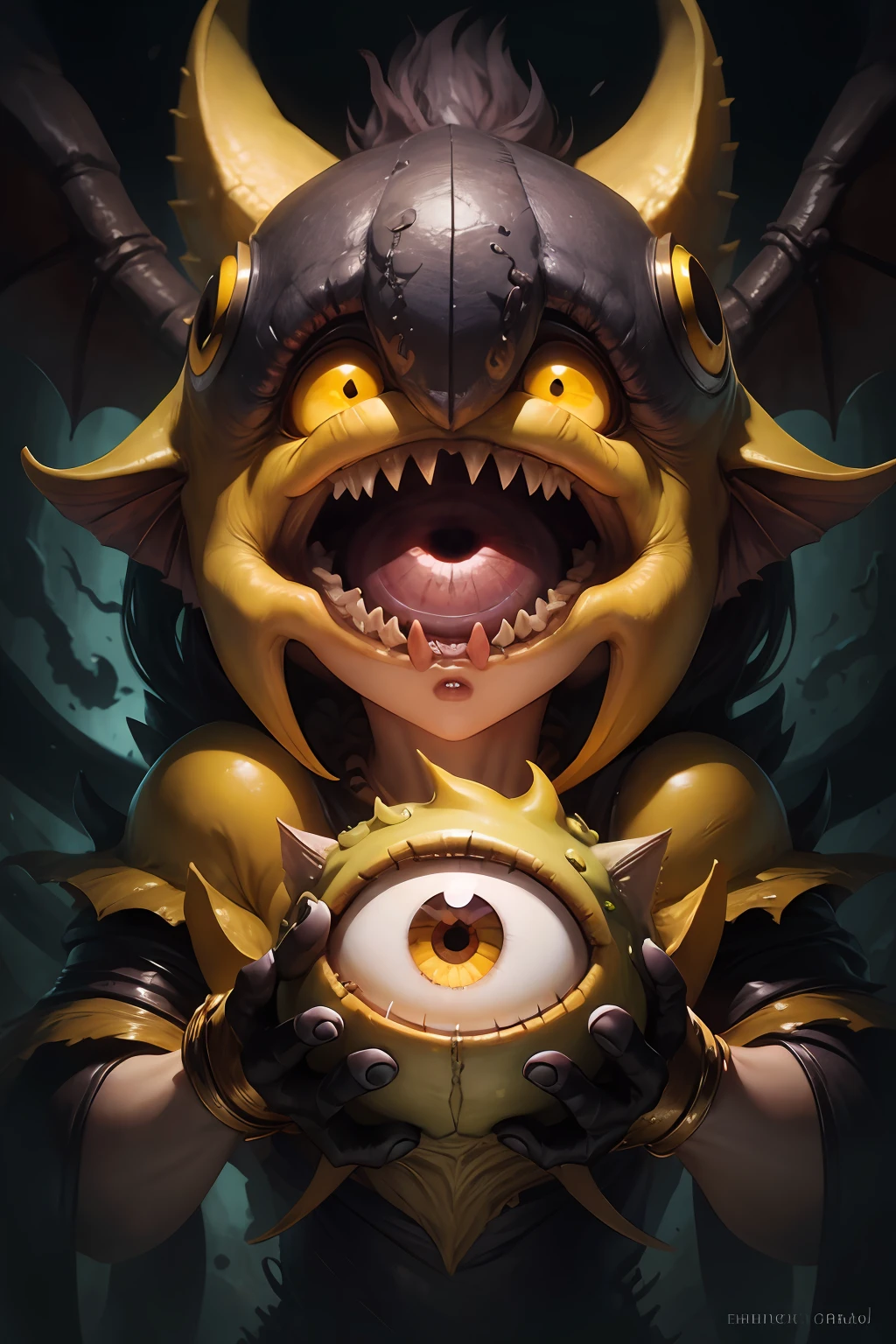 fantasy monster with big eye, (cyclop), cyclops head, big mouth slightly opened, yellow teeth, close up