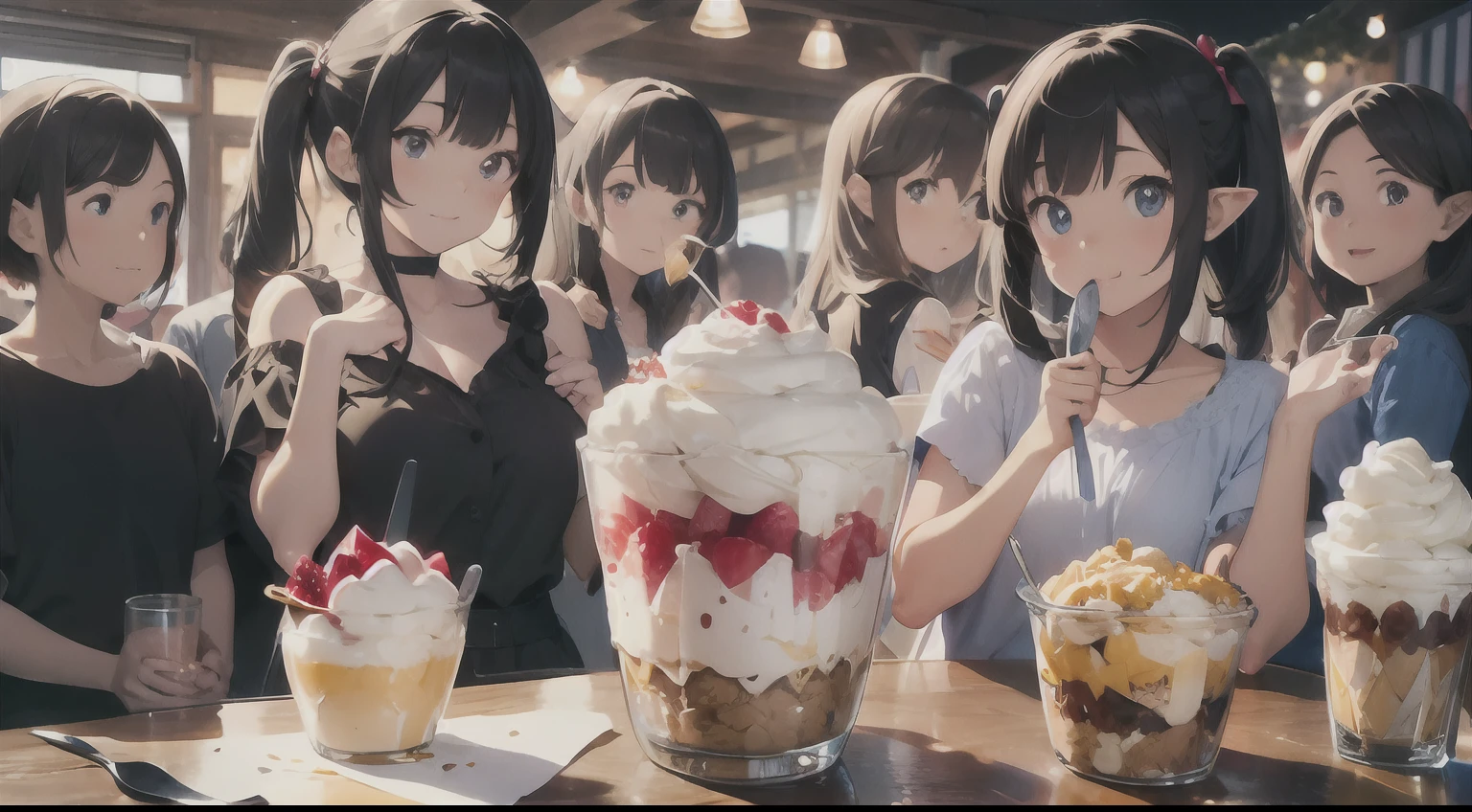 Cute elf character in realistic hand drawn style、Everyone enjoying a big parfait at a party is beautifully depicted。