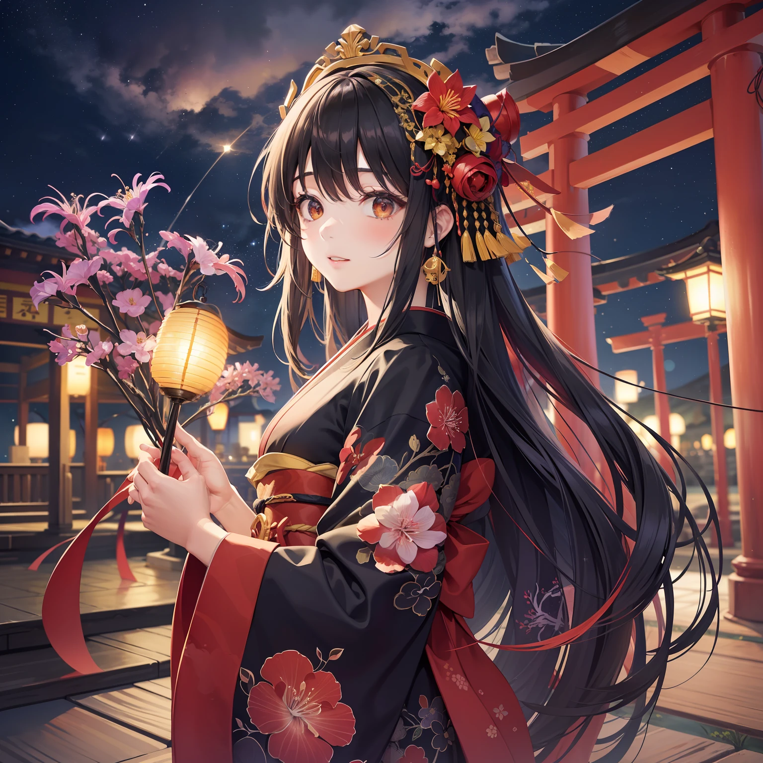 "Beautiful and aesthetic watercolor features a girl. She has stunning hair decorated with spider lilies (Higanbana) Flowers, Show colorful strands of half black and half red, Very similar to beautiful licorice flowers. Dressed in a black kimono、Dance in front of a large torii gate. The stage is a dark night、Starry sky nearby, Full of stars that seem to be within reach. Water and brightly colored elements further enhance the scene. The landscape is not only breathtaking, however、It also conveys a sense of mystery. Lanterns shining with fantastic lights around the shrine, Creates an overall mystical aura. altogether, It is a very fantastic image."