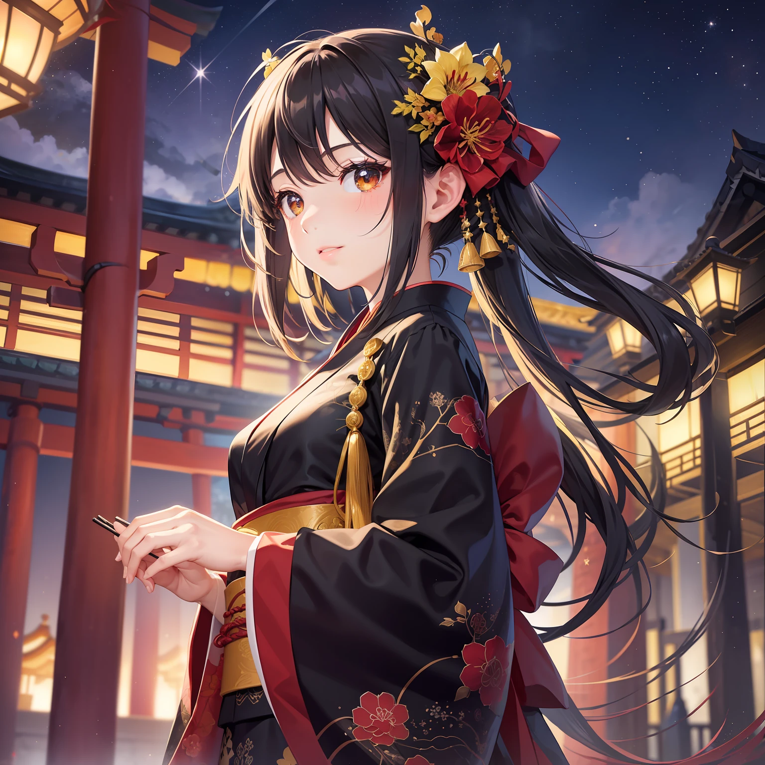 "Beautiful and aesthetic watercolor features a girl. She has stunning hair decorated with spider lilies (Higanbana) Flowers, Show colorful strands of half black and half red, Very similar to beautiful licorice flowers. Dressed in a black kimono、Dance in front of a large torii gate. The stage is a dark night、Starry sky nearby, Full of stars that seem to be within reach. Water and brightly colored elements further enhance the scene. The landscape is not only breathtaking, however、It also conveys a sense of mystery. Lanterns shining with fantastic lights around the shrine, Creates an overall mystical aura. altogether, It is a very fantastic image."