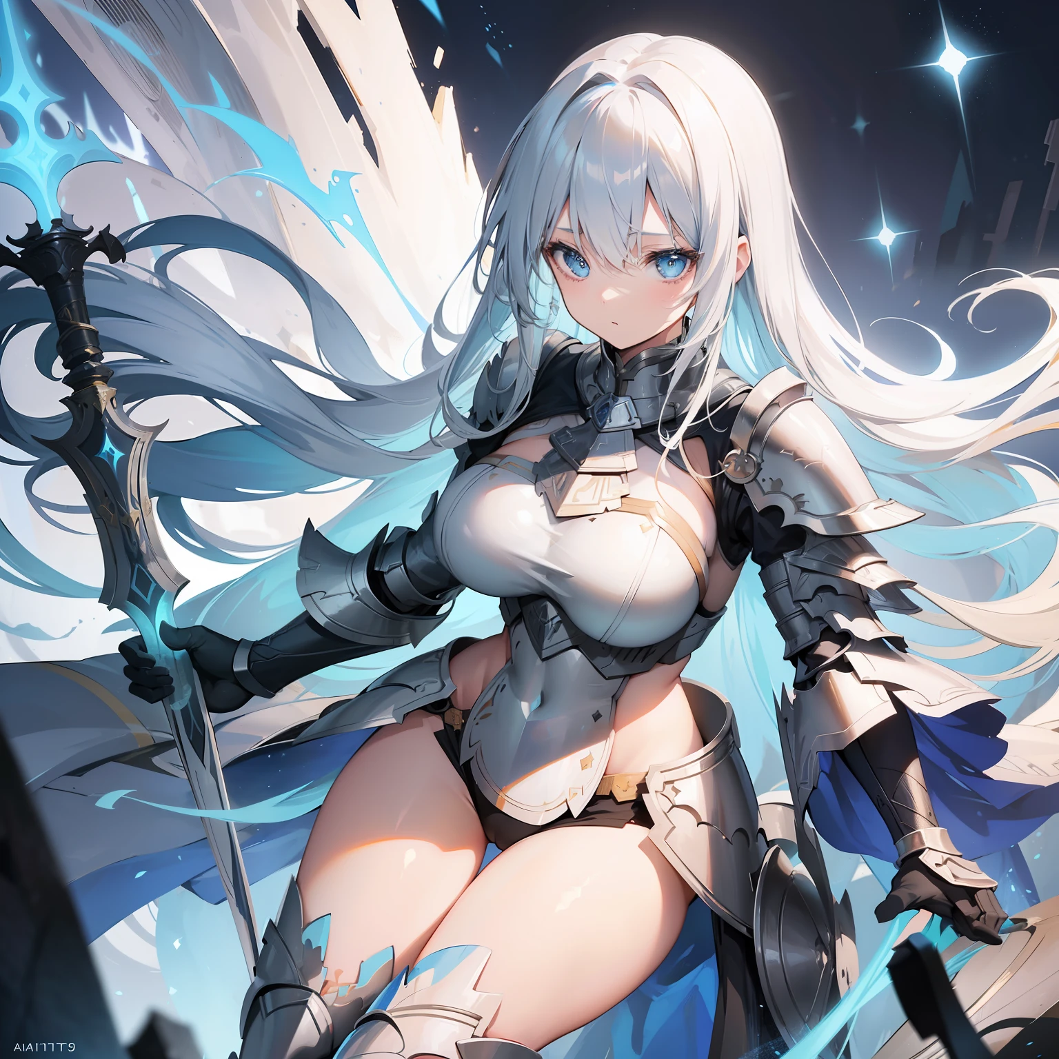 1 Girl, light blue eyes, long blonde hair, locks of hair, bangs, hair details, detailed hair strands, (lights effect on hair), ((white knight armor)), big chest, thick legs, thigh thick, background scenery, in the sky, surrounding fire, ambient detail, ultra detailed