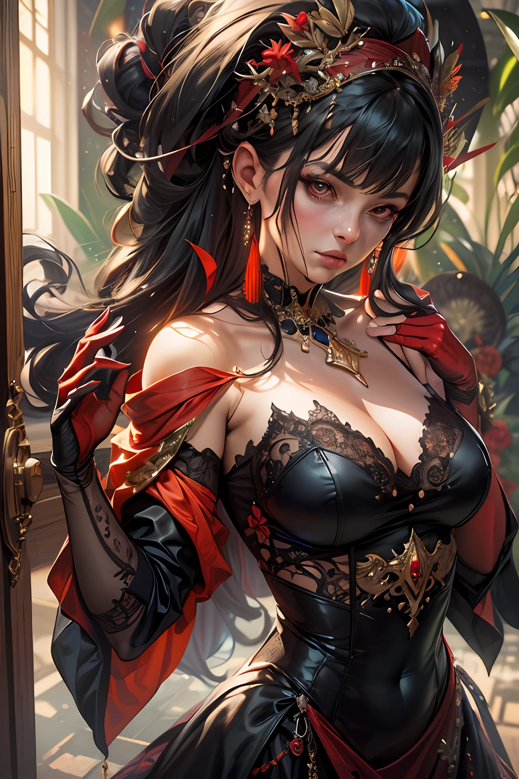 epic good looking woman wearing a red and black dress, [[offering a gold and red diamond ring in hand]] (intense details, Masterpiece, best details: 1.6), ultra detailed face (intense details, Masterpiece, best details: 1.5),standing in the door entrance, black hair, red high heels, dim light, high details, best quality, 8k, [ultra detailed], masterpiece, best quality, (extremely detailed), ultra wide shot, photorealistic, fantasy art,