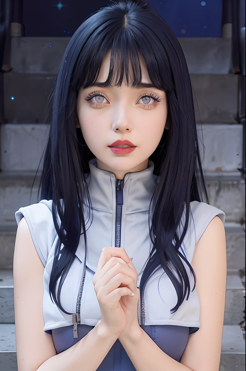 a close up of a person with long hair and a hoodie, hinata hyuga, hinata hyuga from naruto, from naruto, as an anime character, perfect anime face, she has dark blue hair with bangs, female anime character, anime character, anime best girl, hime cut hairstyle, dark blue hair, (red glossy lips:1.3), light purple eyes, big breasts, realistic, ultra detail