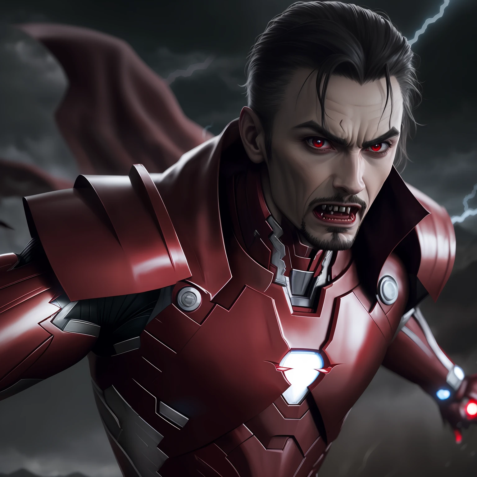 Dramatic Ironman as a dracula showing long, sharp, bloody fangs ready to bites, lightning on the background, cinematic, extreem realistic, extreem detailed, extreem Sharp, middle close-up shot